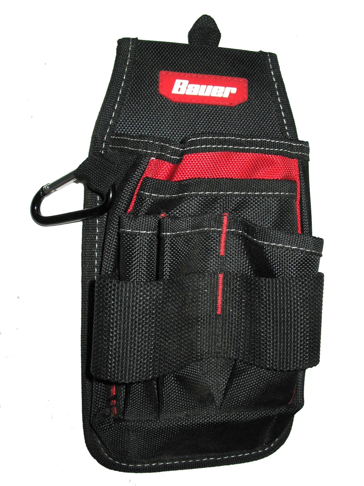 BAUER TOOL BELT 5 POCKET/POUCH & 2 LOOPS #58522 BLACK RED POLYESTER w/CARABINER