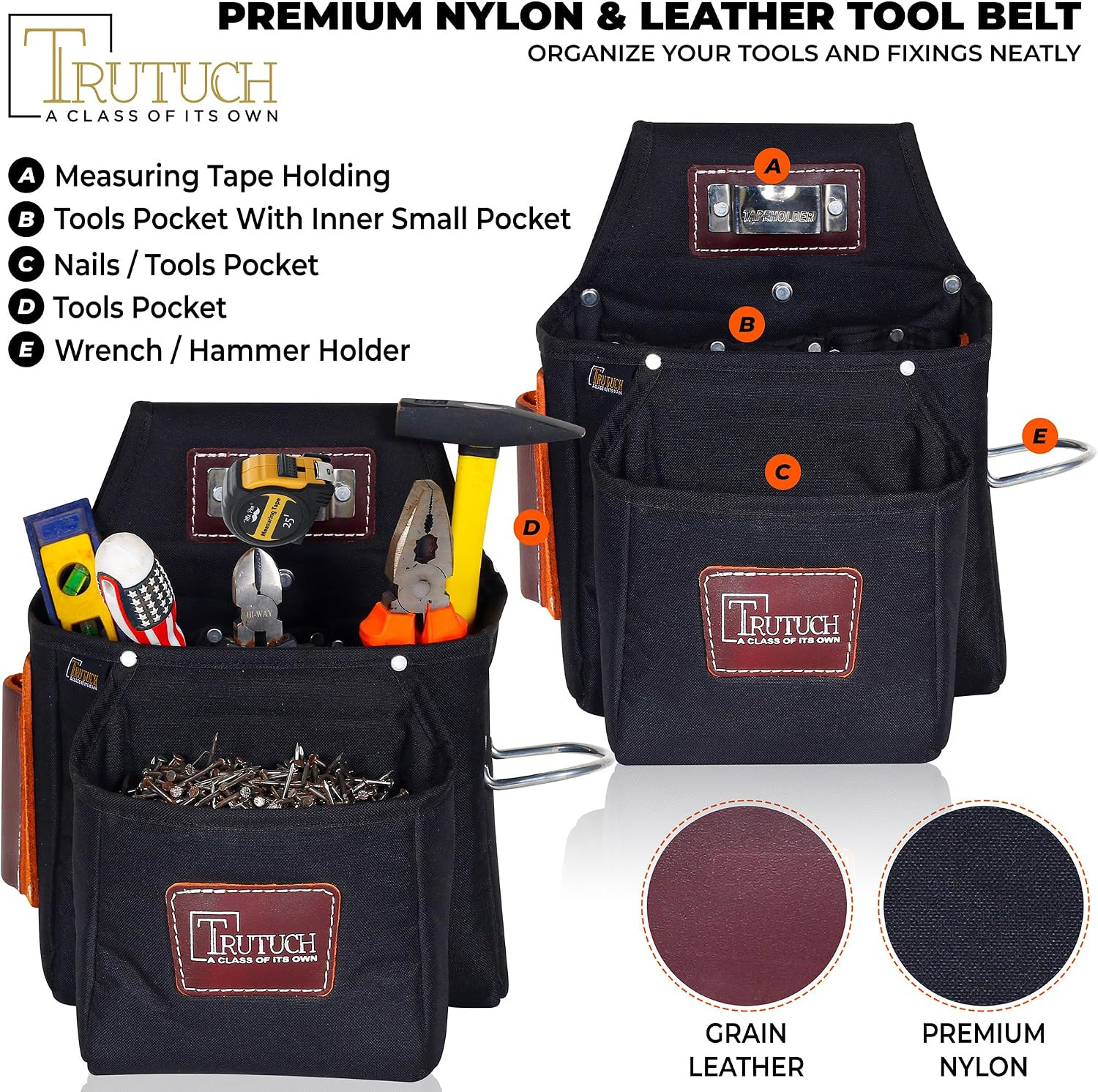 Durable Nylon & Leather Tool Belt for Carpenters & Electricians – Black 1700
