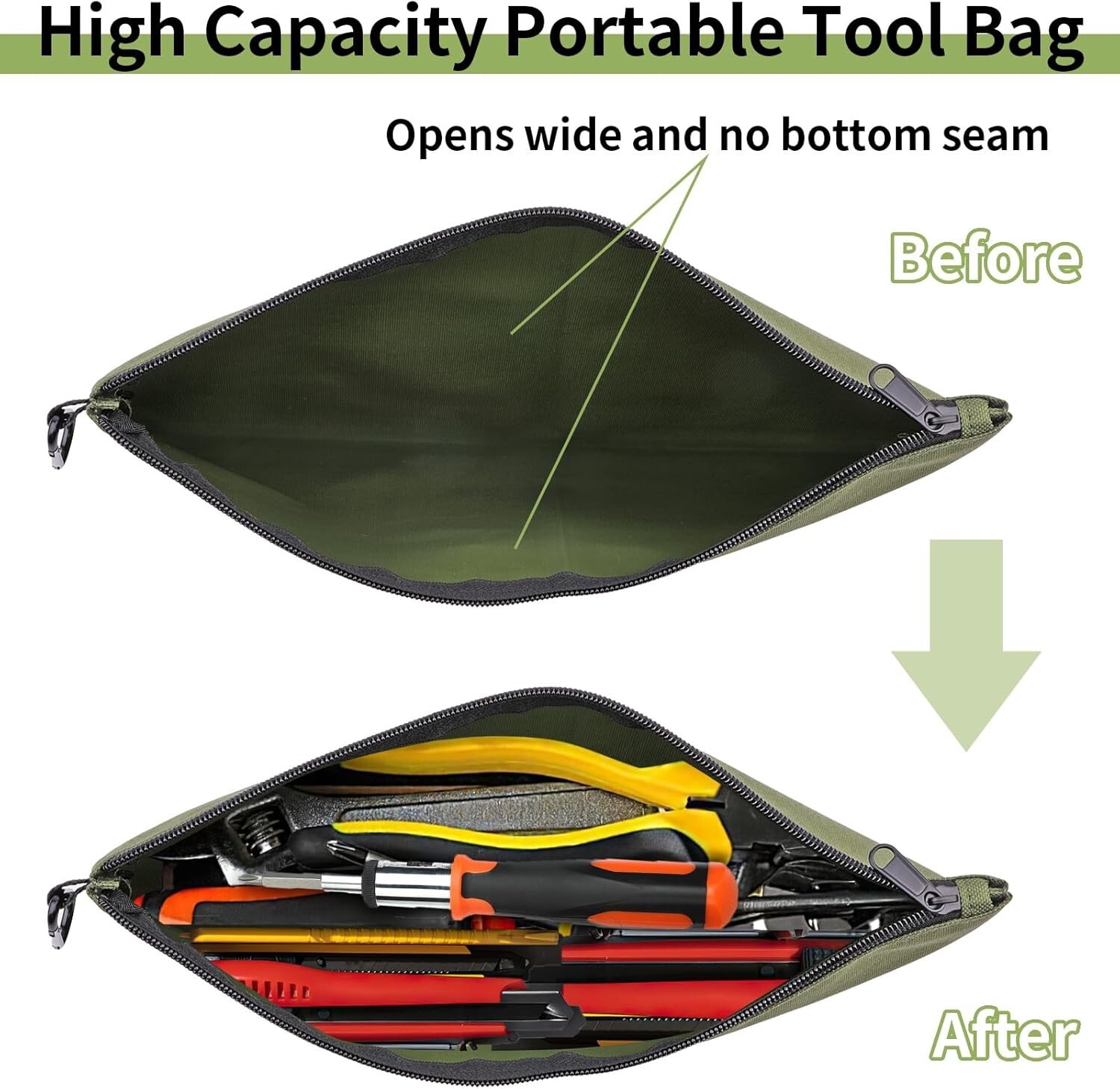 Tool Bag Zipper 6 Pack, Tan, Navy Green, Black, Light Brown, Grey, Mocha