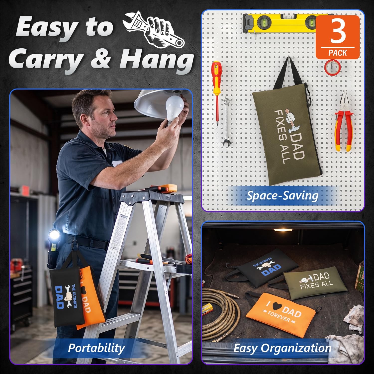 12.5 Inch Zipper Tool Pouches for Dad Husband Birthday Gifts Multi-Purpose
