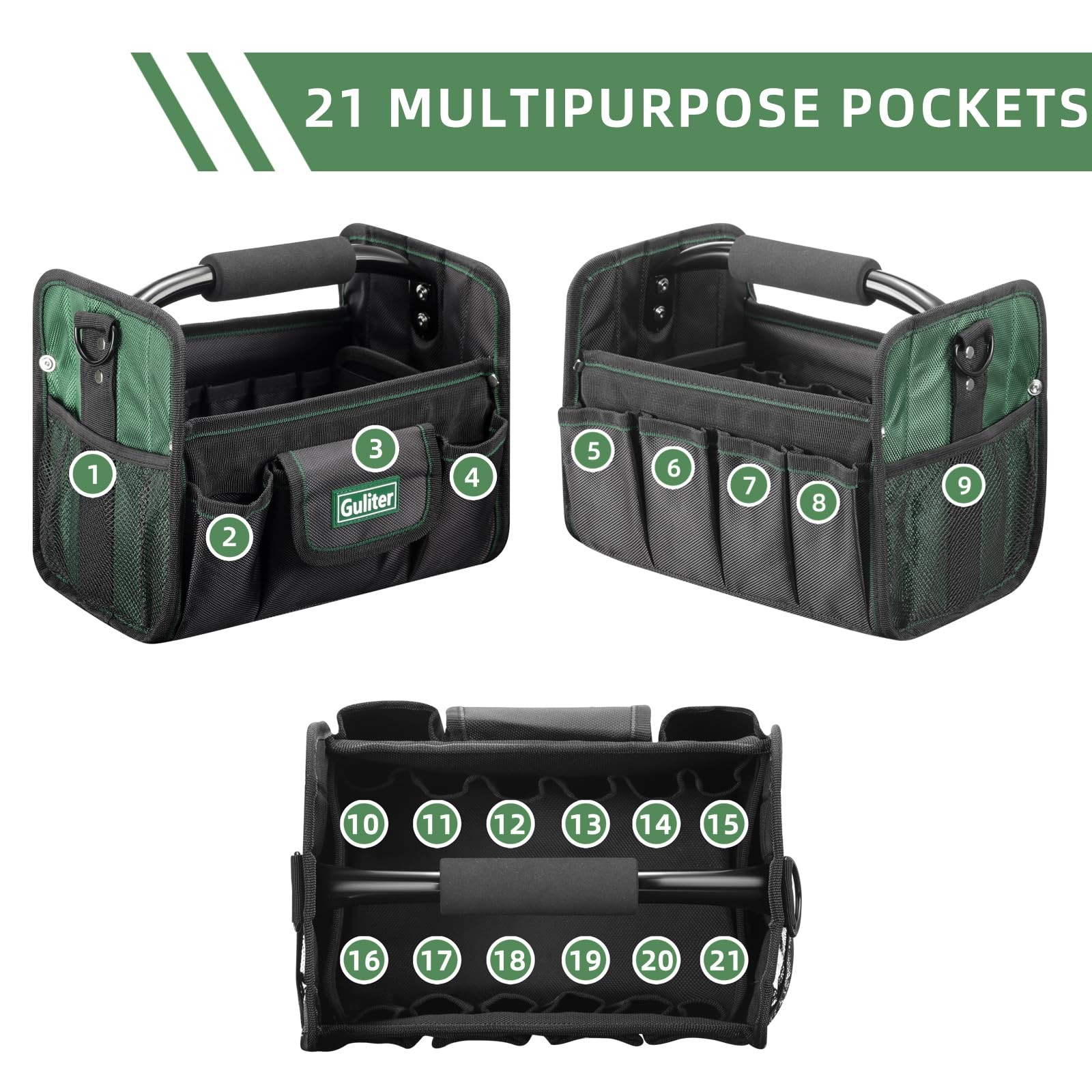 Guliter 11 Inch Small Tool Bag, Open Top Tote with Small, ‎Black&Green