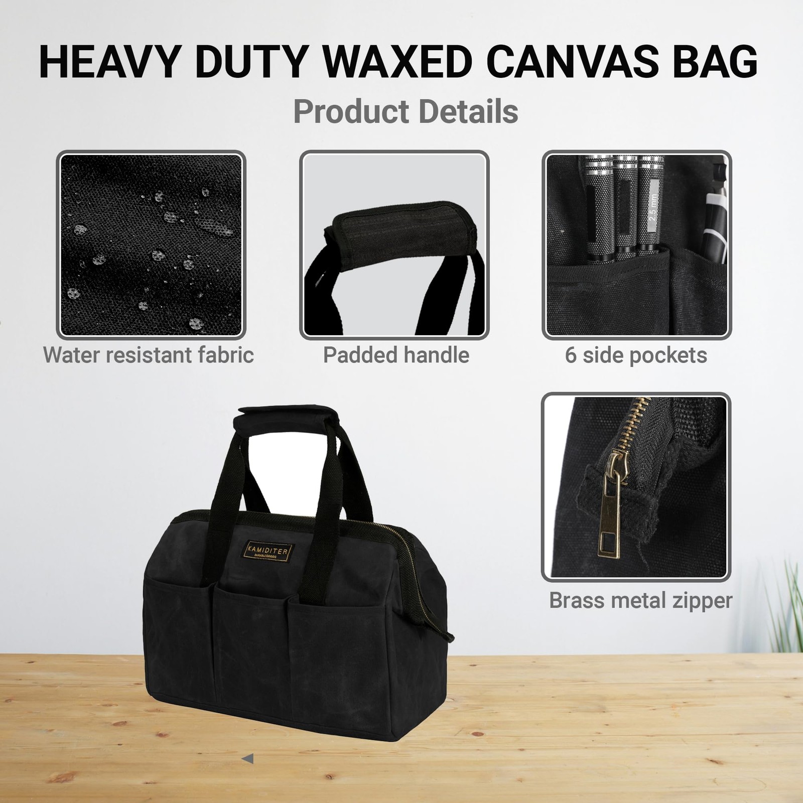 Heavy-Duty 16oz Waxed Canvas Tool Tote Bag – 15″ Wide Mouth 15 Inch, Black