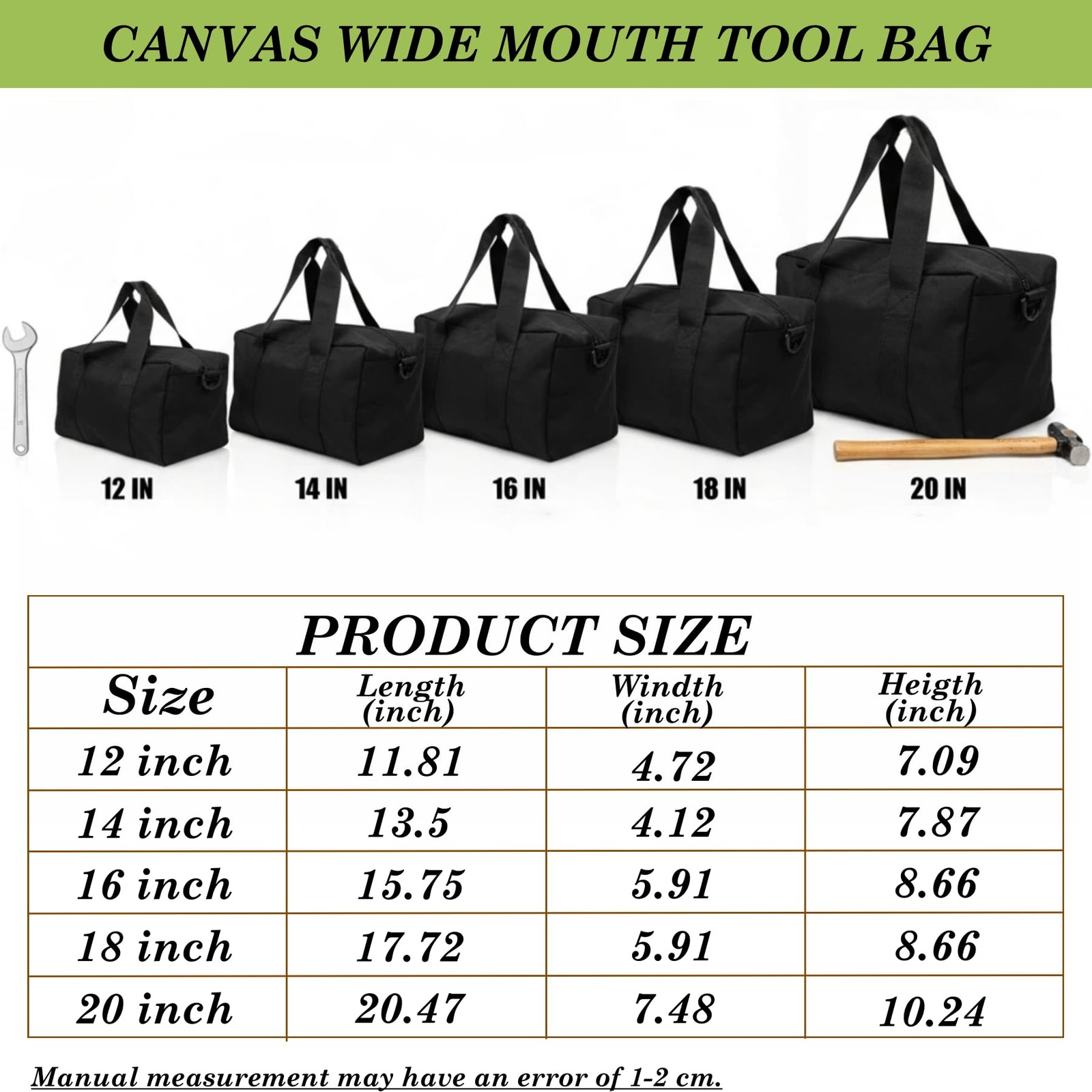 Canvas Wide Mouth Tool Bag, Large Capacity Bags for Men, 14 Inch, Black