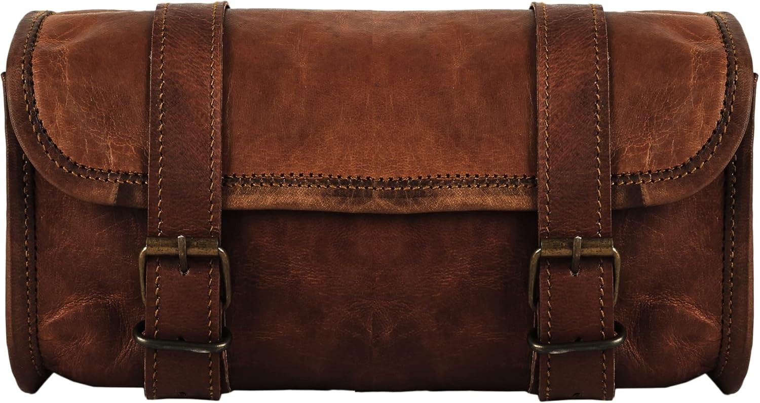 Genuine Goat Leather Vintage Motorcycle 2 Strap Buckle Closure Tool Brown Bag…
