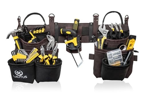 Heavy Duty Top Grain Leather Tool Belt 18 Pockets Hammer Holder Tape Clip