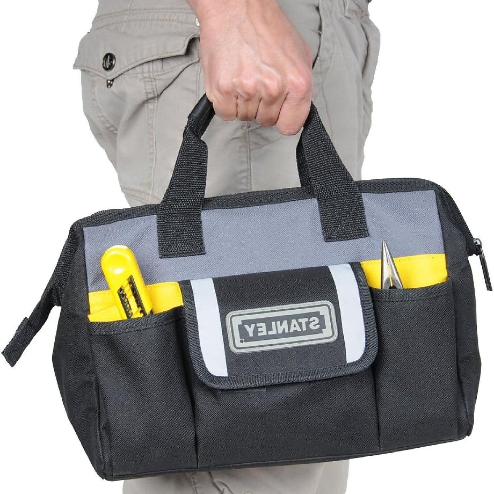 Stanley Tool Bag Jobsite Storage Soft Sided Adjustable New Open Black Tote Case