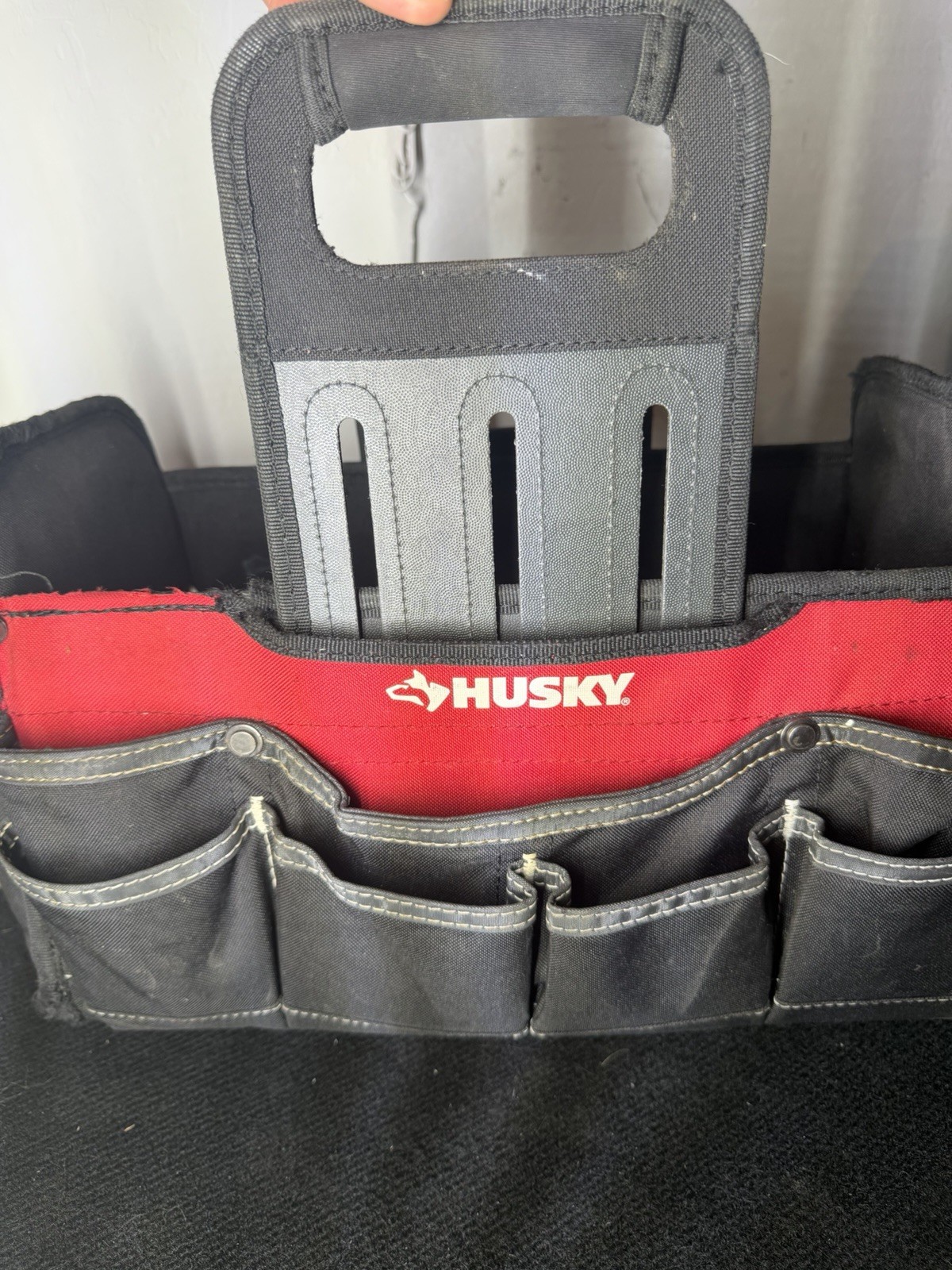 Husky Fabric Tool Tote Bag Black/Red/Gray w/ Handle & Front Pockets
