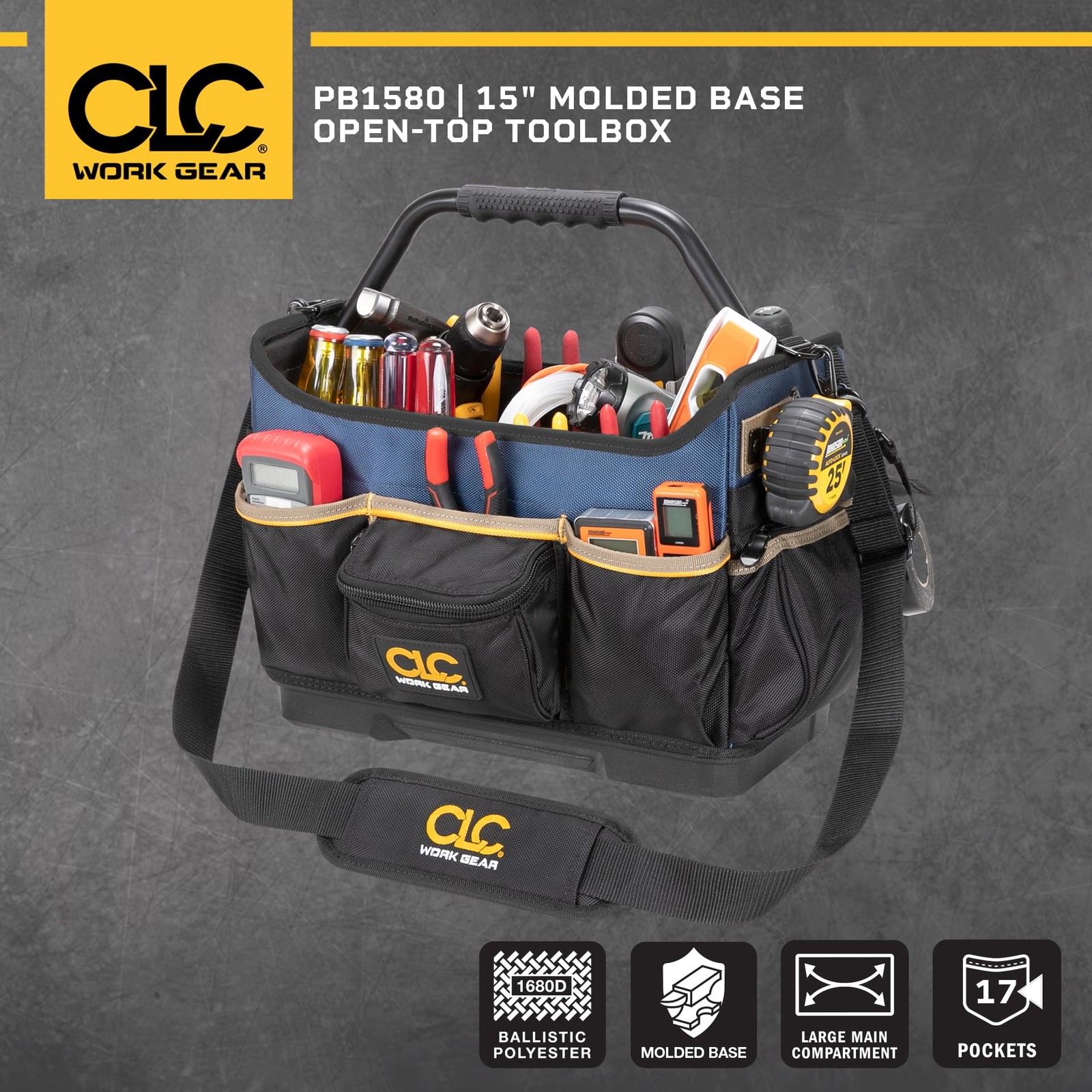 CLC Work Gear PB1580 15″ Open-Top Toolbox Molded Base 17 Pockets 1680D Polyester