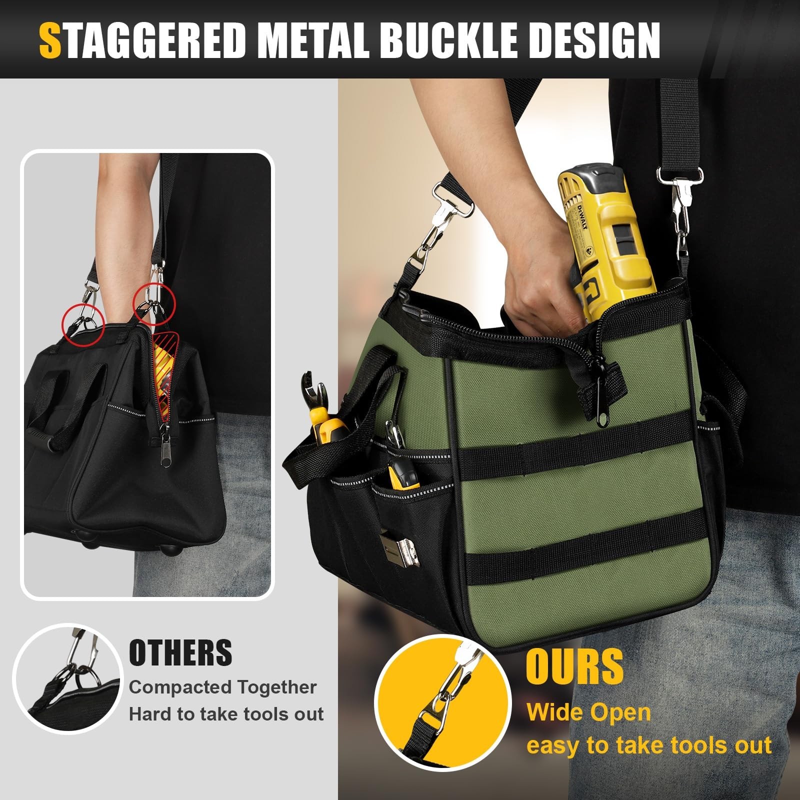 15″ Heavy Duty Tool Bag – 16 Pocket Portable Organizer, Large Zipper Storage, Gi