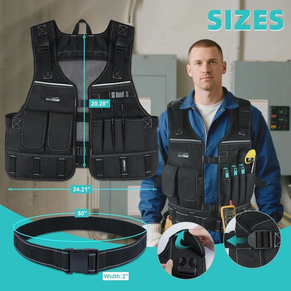 Tool Vest for Men with Pouches and Belt, Adjustable Multi-Pocket Safety Tool Ves