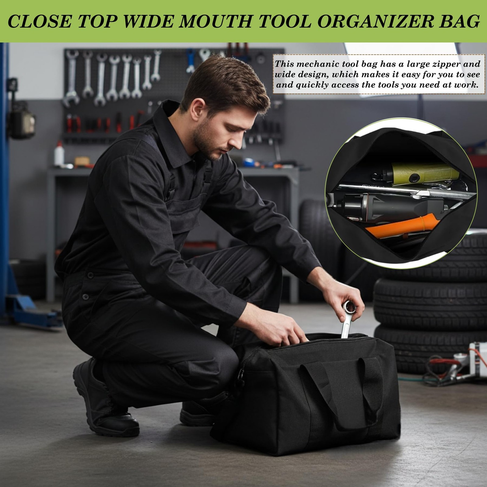 Canvas Wide Mouth Tool Bag, Large Capacity Bags for Men, 14 Inch, Black