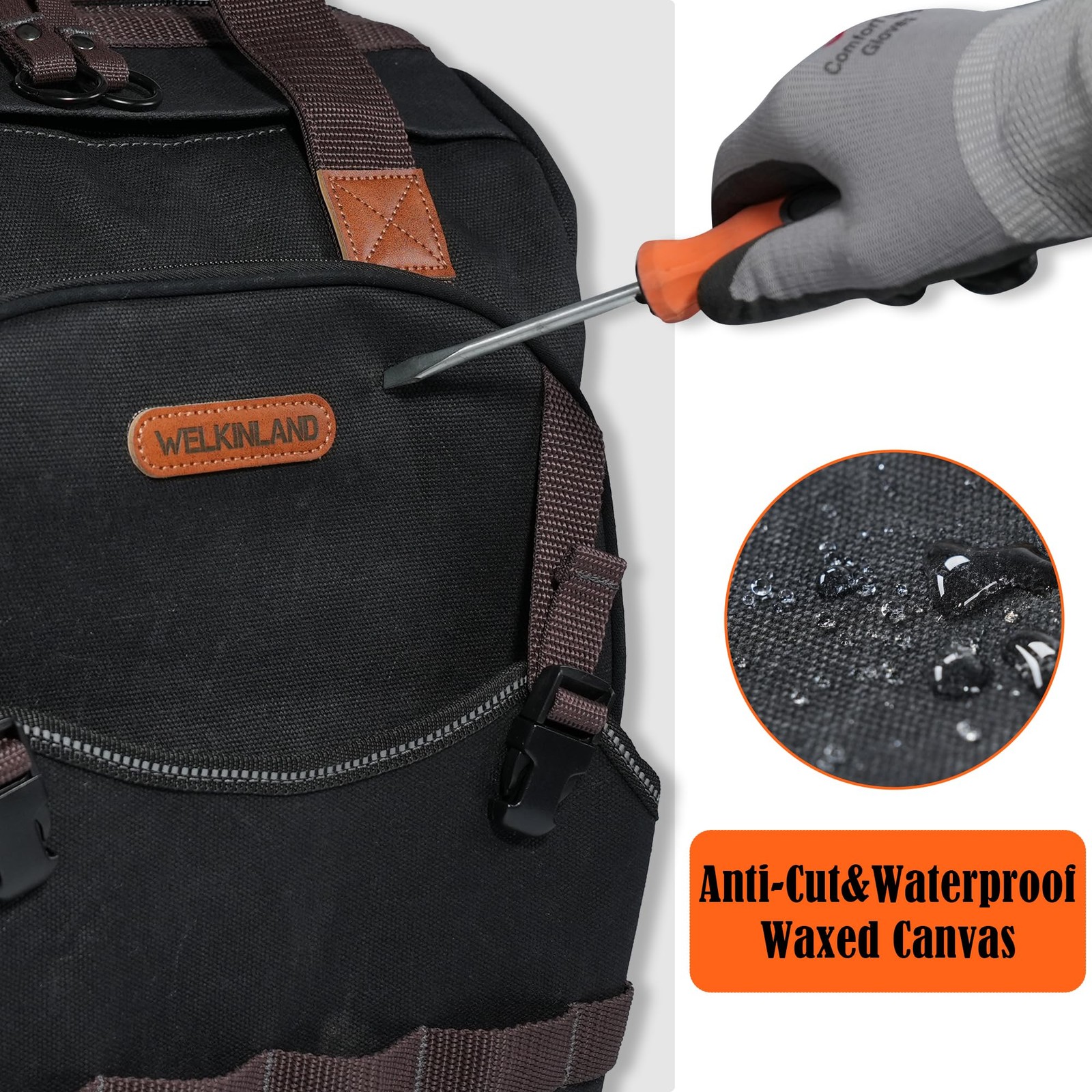 WELKINLAND 88-Pockets Waxed- Canvas HAVC Tool 32 liters, Black/Brown/Olive