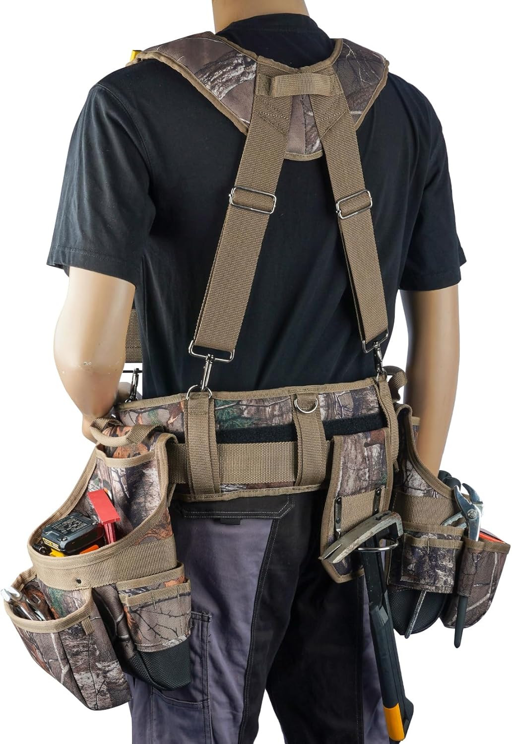 Heavy-Duty Camouflage Tool Belt with Suspenders for Electricians and Carpenters