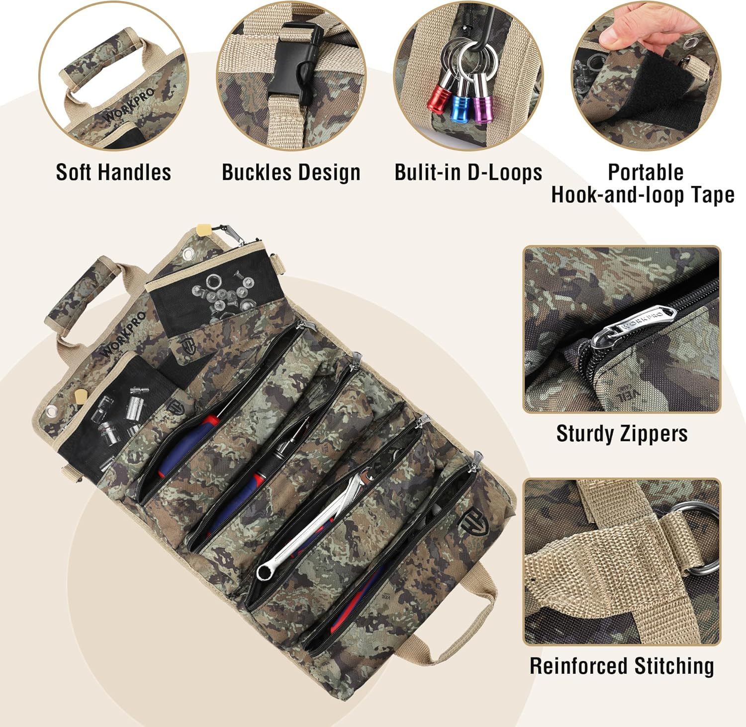 Roll Tool Bag with Detachable Pouches, Heavy Duty Organizer – 6 Pockets, for Mec