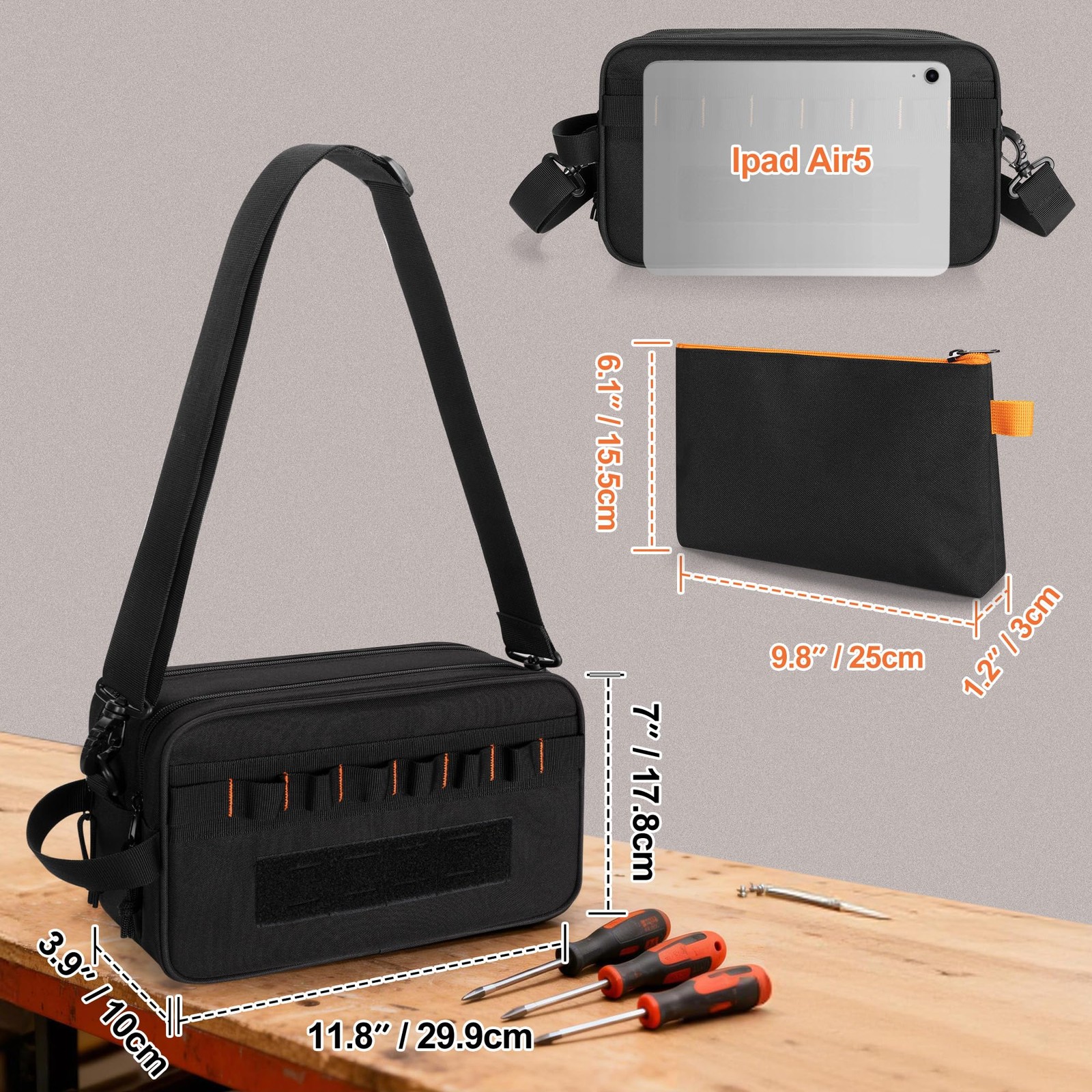 Rexmica Small Tool Bag with 1 Pouch, 11.8 x 3.9 x 7 inches, Black