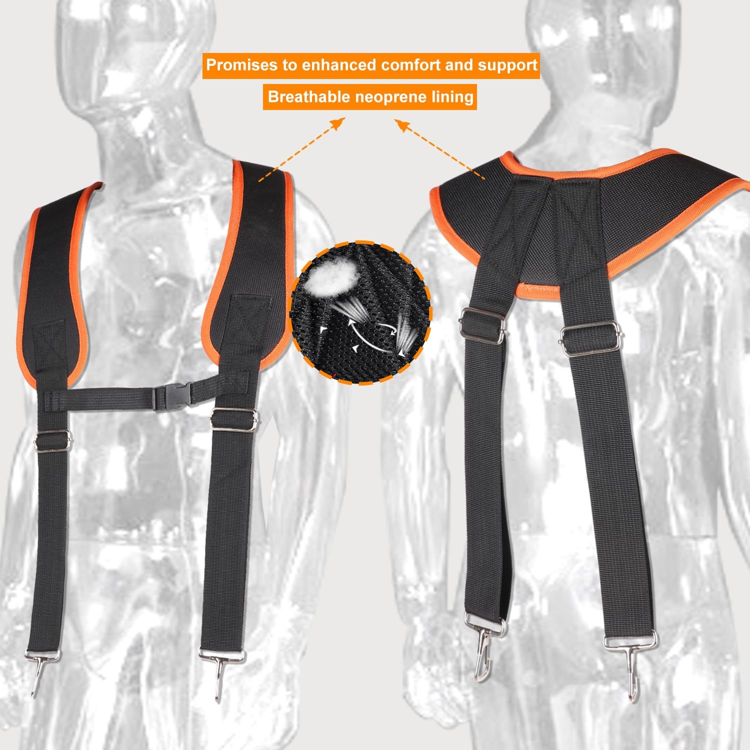 Tool Belt with Adjustable waist: 32″–66″ (81–168 cm), Black & Orange