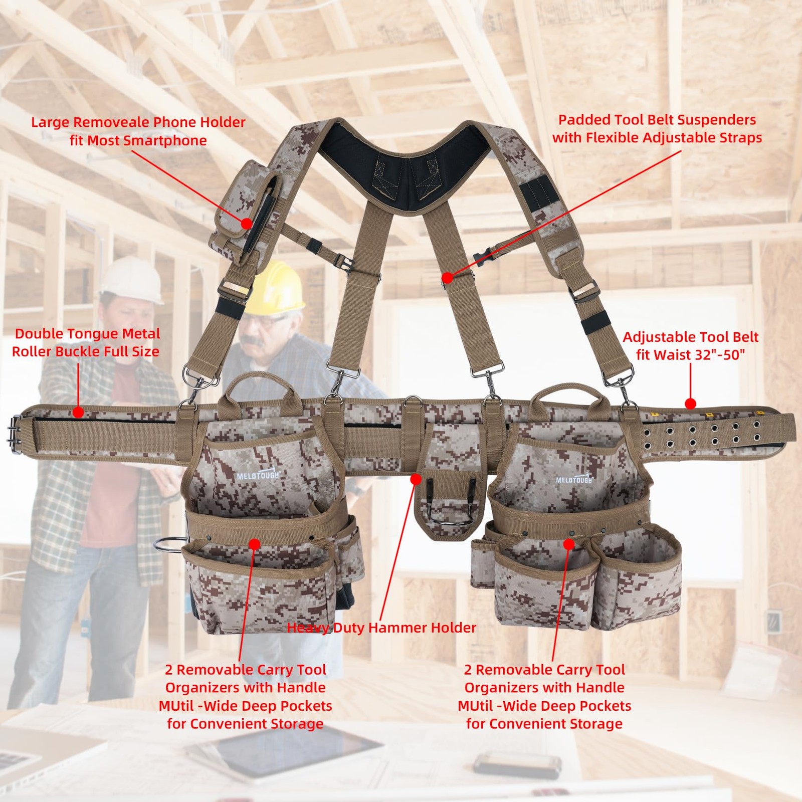Tool Belt Camo With Suspenders Heavy Duty Carpenter TC02-Khaki Electric Pouch