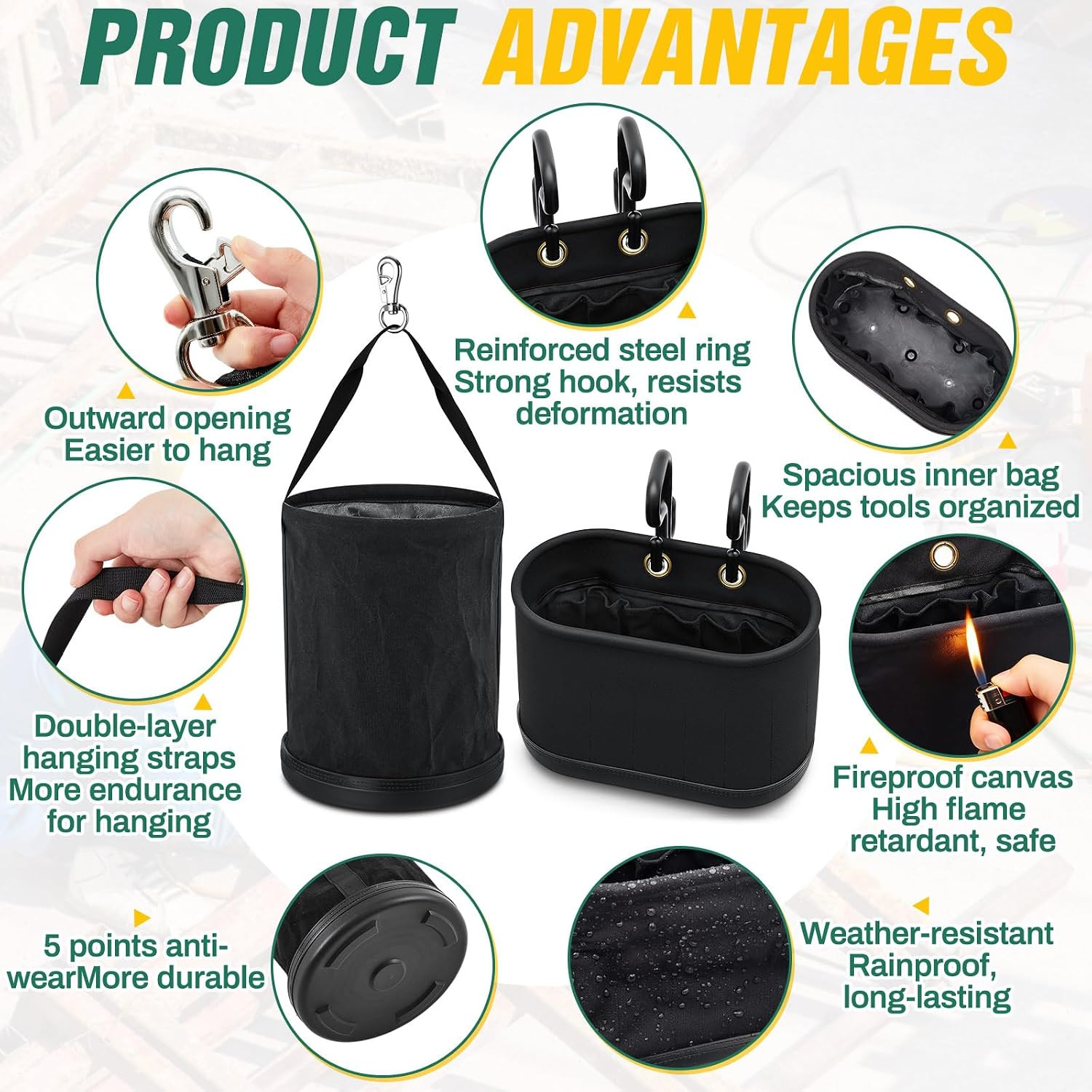 2 Pack Canvas Tool Bags with Plastic Bottom & Metal Hook for Organizing Tools