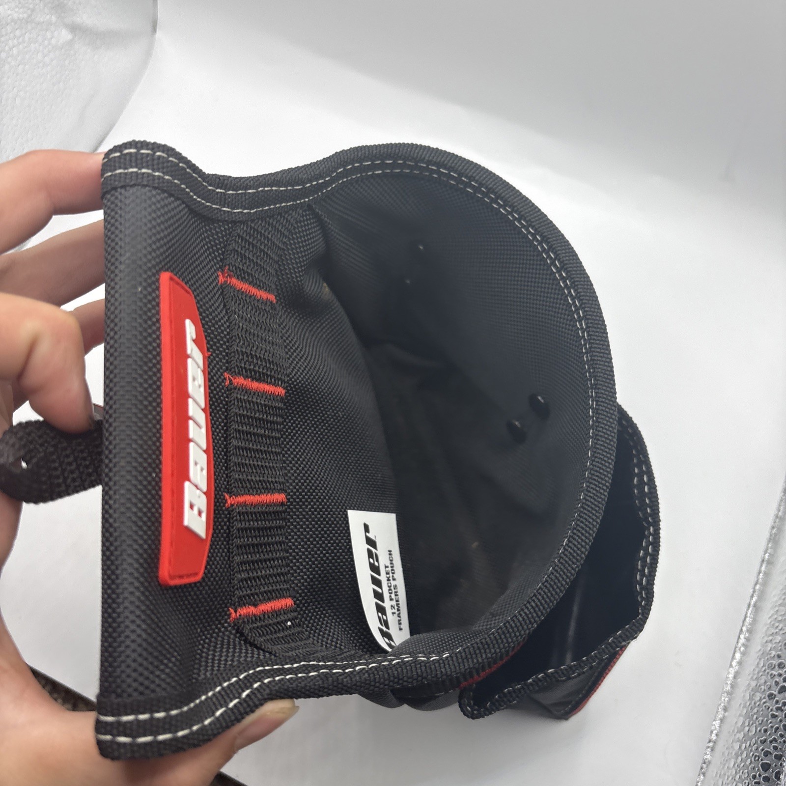 TOOL BELT POUCH BAUER 12 POCKET FRAMERS #58522 BLACK RED POLYESTER CARABINER.