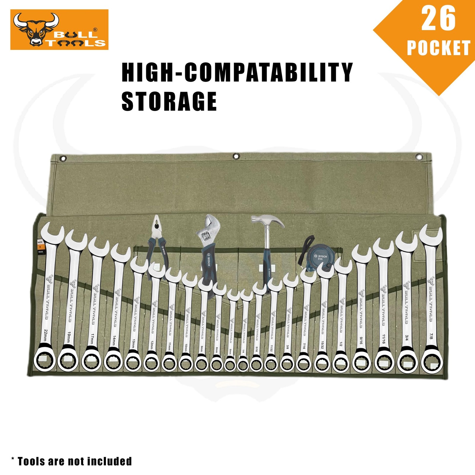 Wrench Roll, 26 Pocket Tool Pouch, Metric SAE Cotton Canvas Bag Organizer