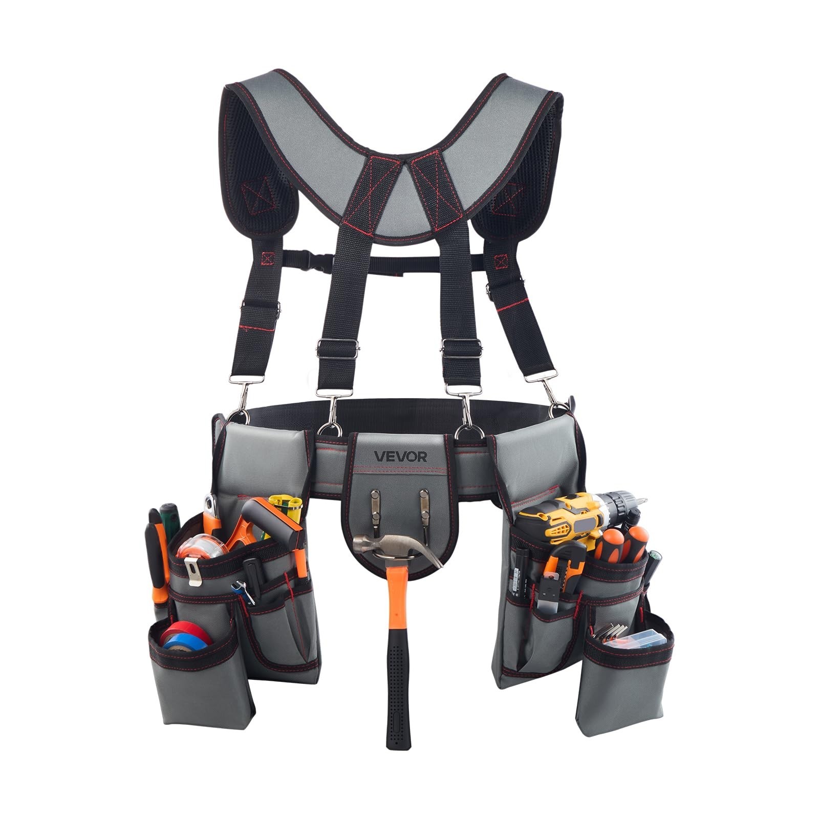 Heavy Duty Tool Belt with 22 Pockets, Adjustable Suspenders for Electricians & C