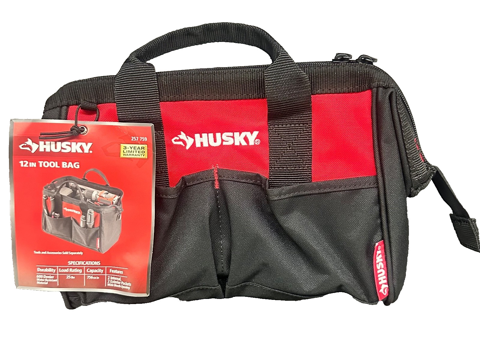 Husky 12 in 4 Pocket Tool Bag Zippered Top Water Resistant Wide Mouth 257 759