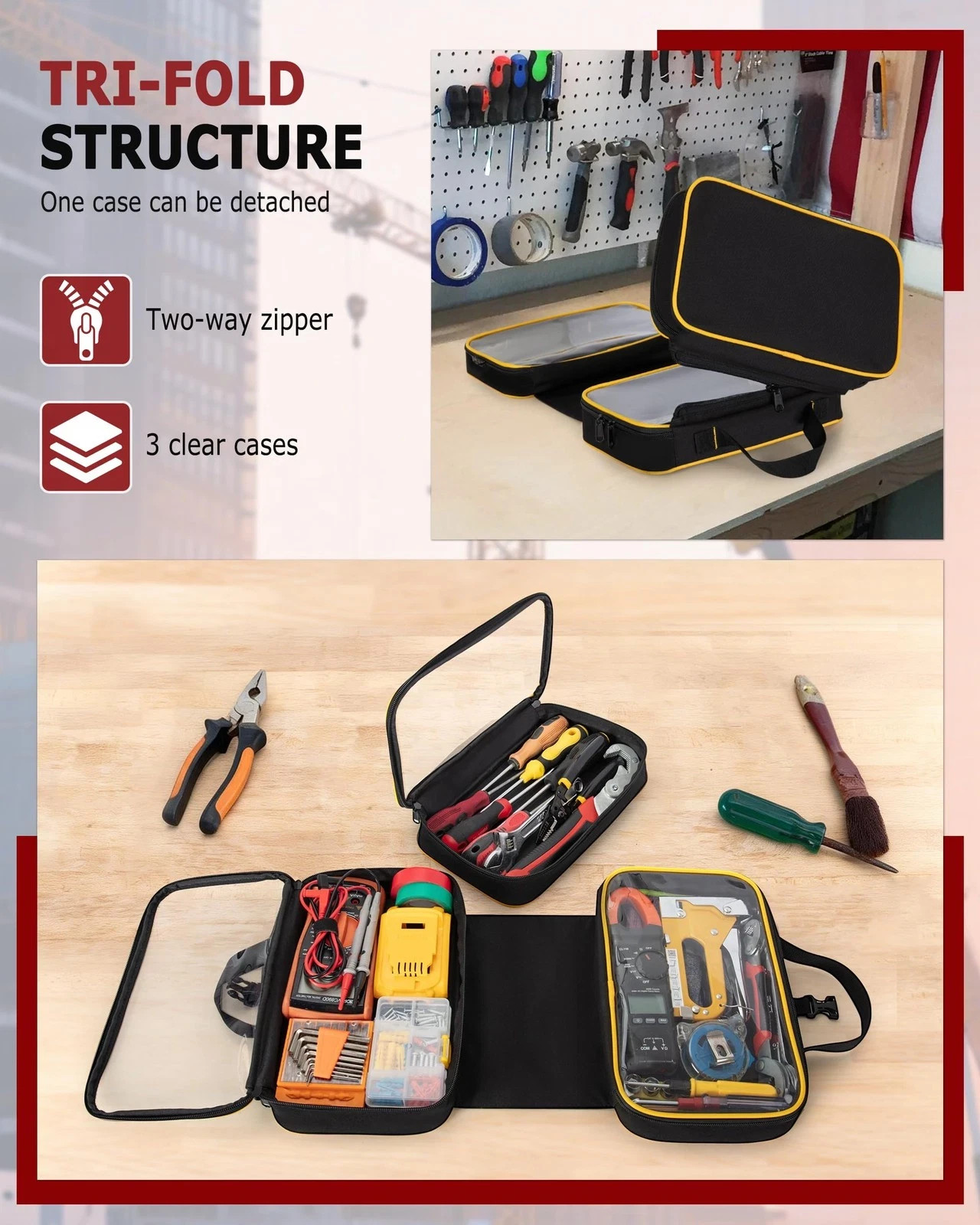 Marscamd Roll Up Tool Bag with 3 Clear Window Cases One Detachable, Trifold T…