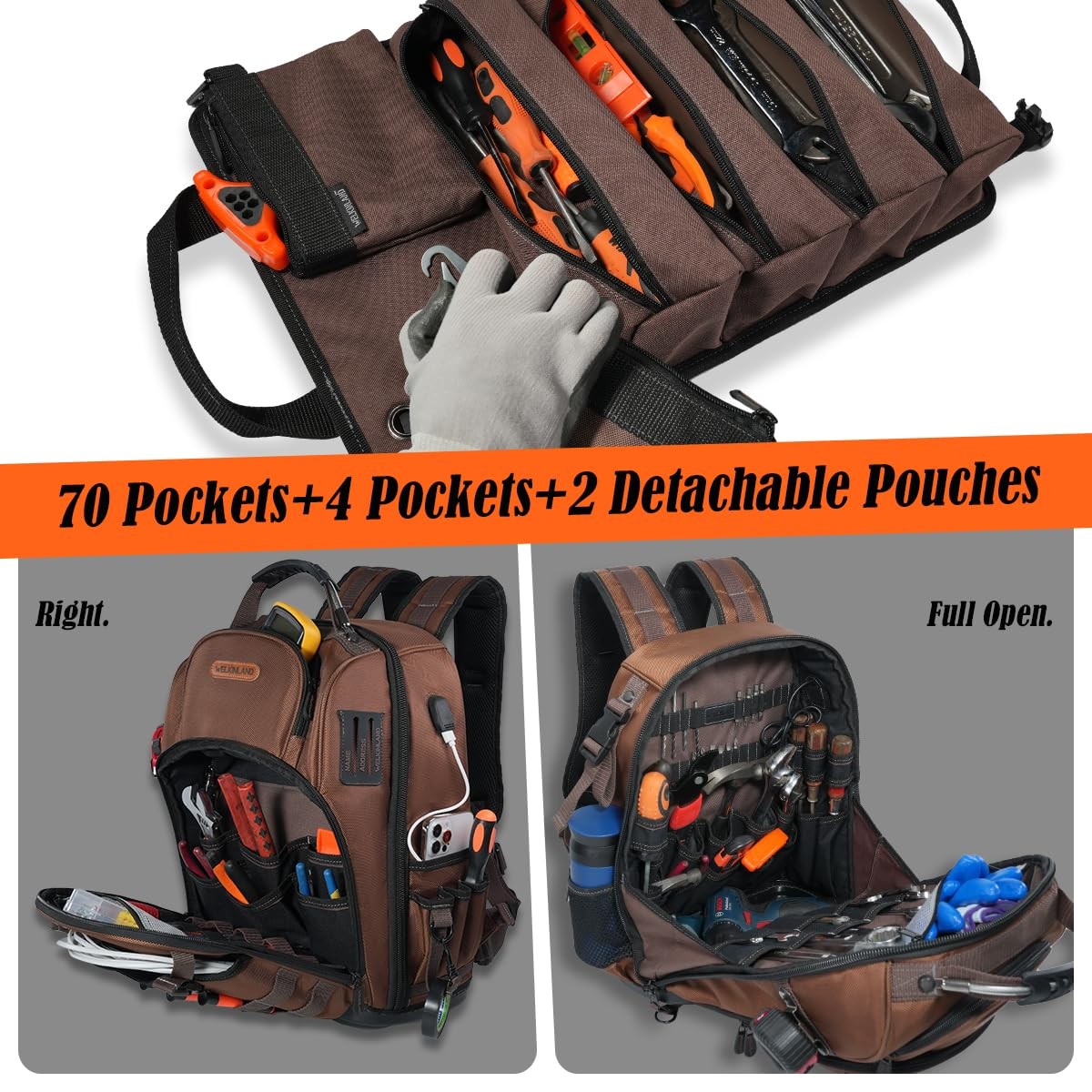 WELKINLAND 70Pockets HVAC Tool Backpack Tool Roll WO21300-082