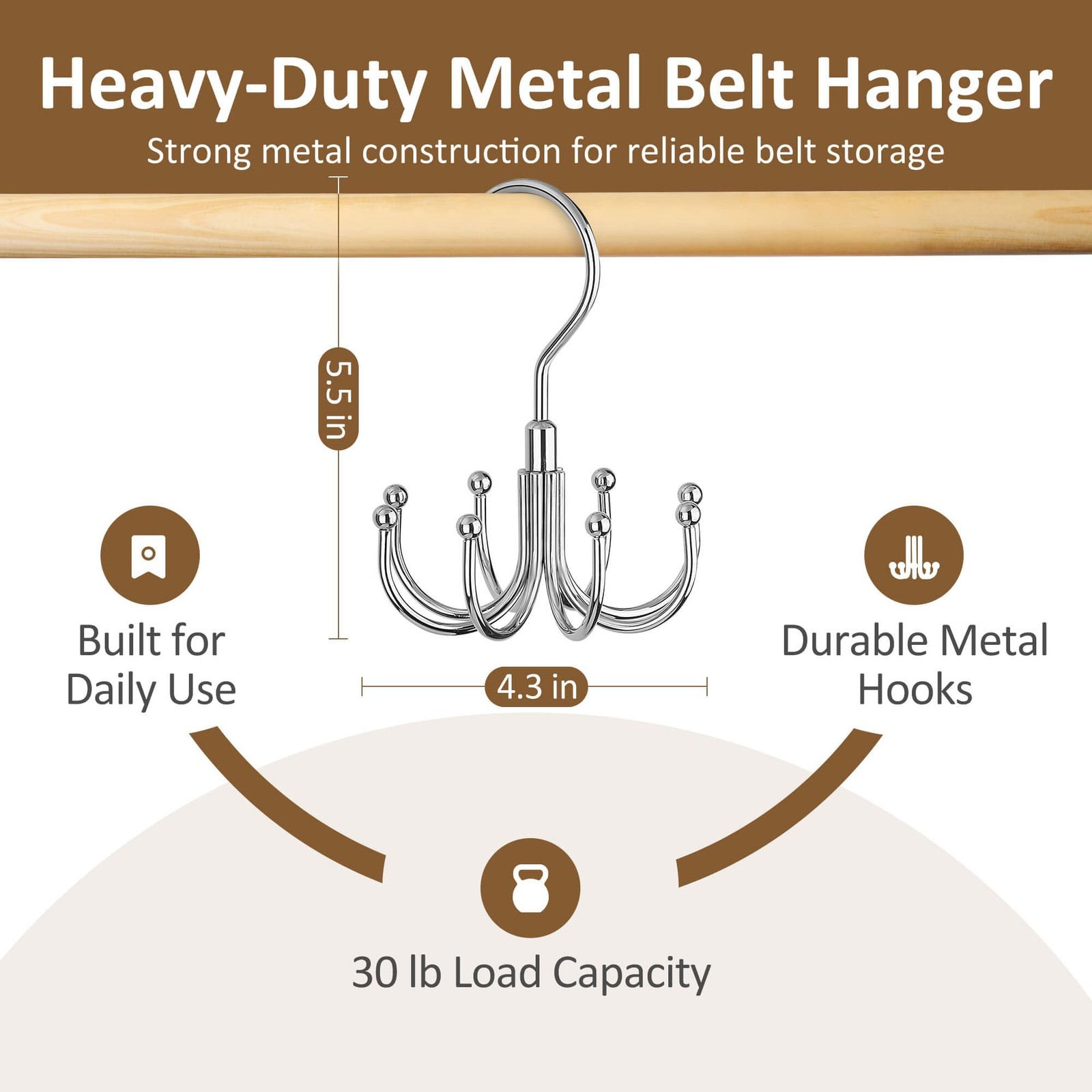 ZEDODIER Belt Hanger for Closet, 1 Pack–Round Hook Hanger, Silver