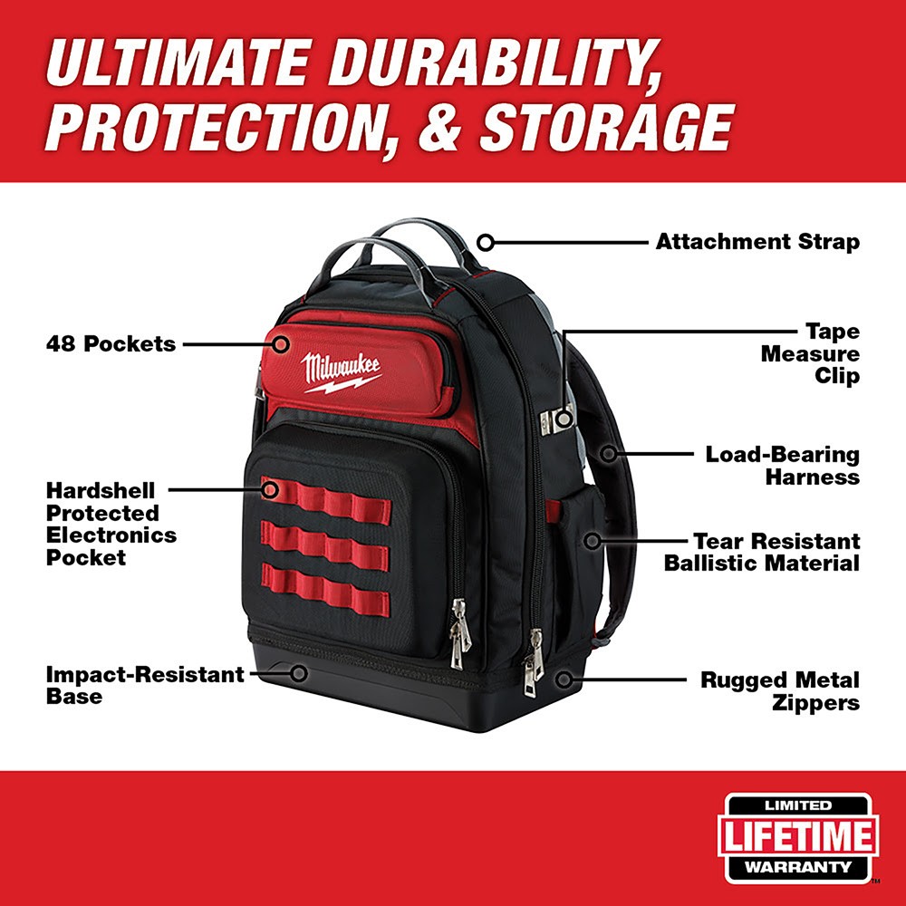 Milwaukee 48-22-8201 48-Pocket Hard Molded Ultimate Jobsite Backpack, Black/Red