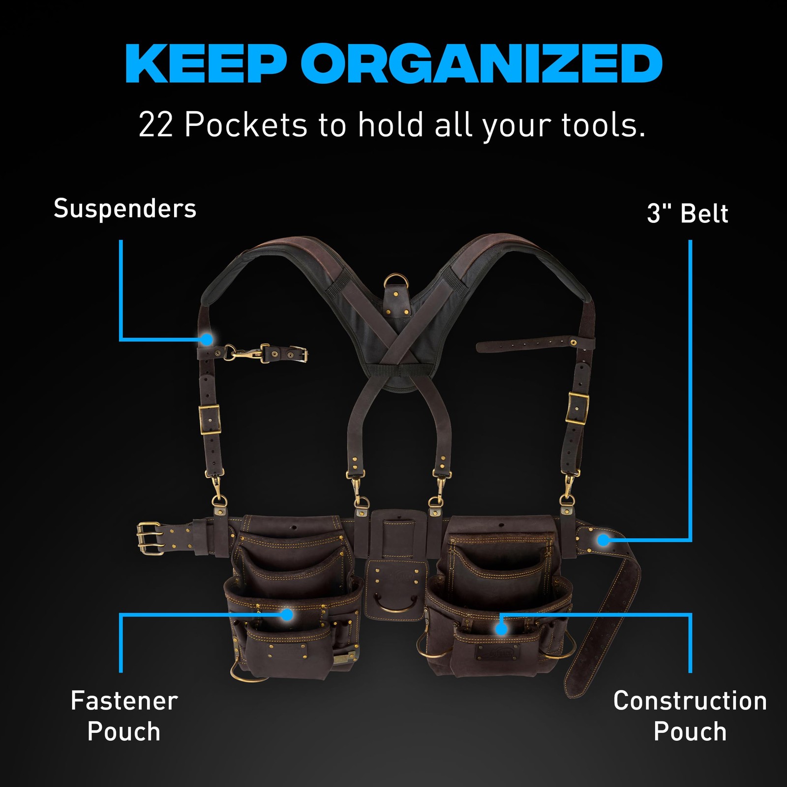Pro Oil Tanned Leather Tool Belt with Padded Suspenders Leather Carpenter Tool B