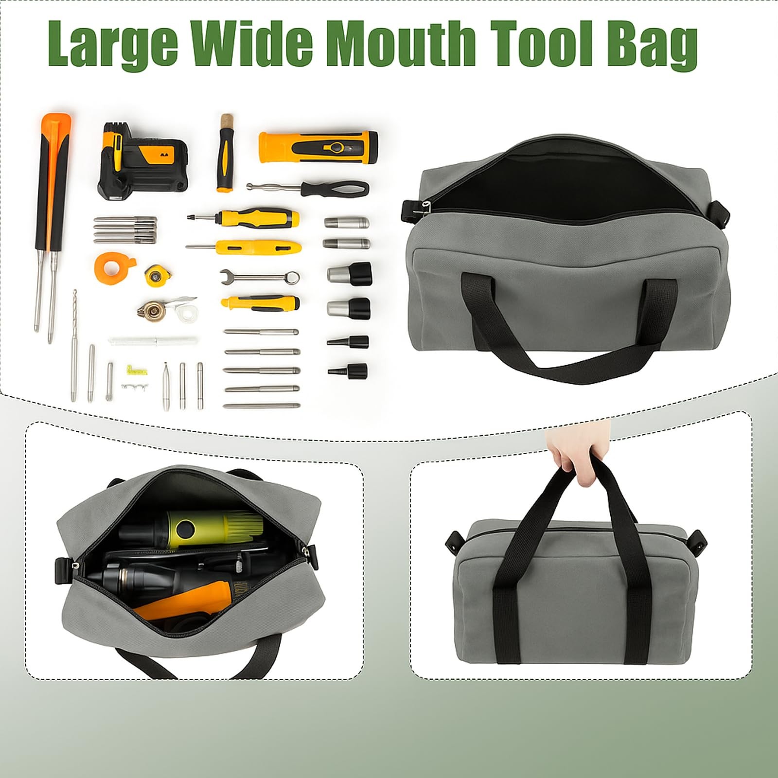 Small Tool Bag,Close Top Wide Mouth Organizer Bag,Large 12 Inch, Gray