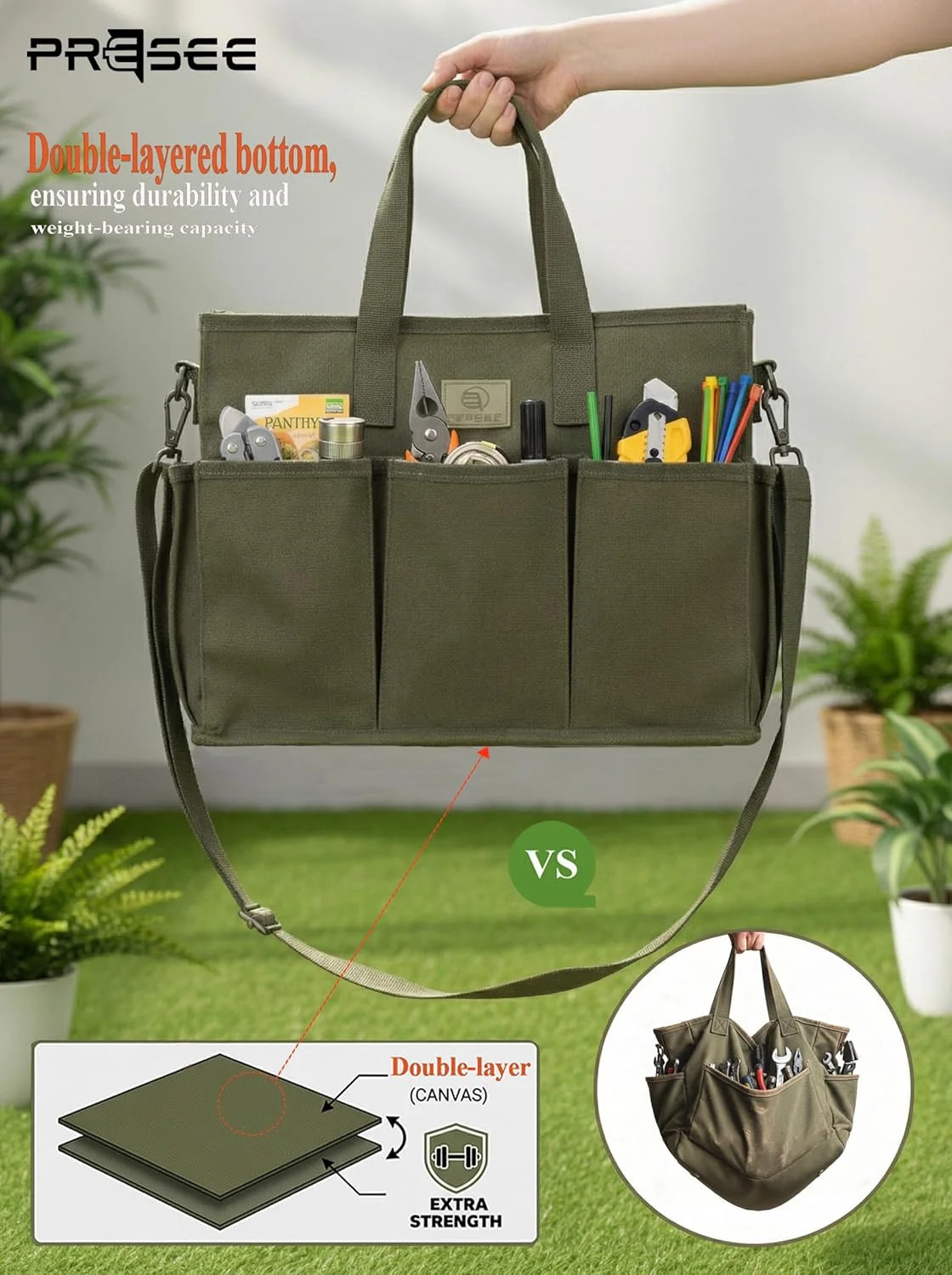 Heavy Duty Canvas Gardening Tote Bag with Pockets, Large Capacity Tool Organizer