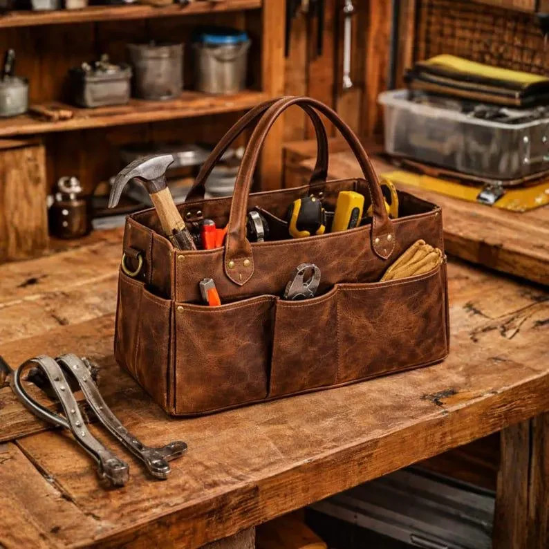 Leather Tool Bag Heavy Duty Tool Tote Electrician Carpenter Organizer Brown