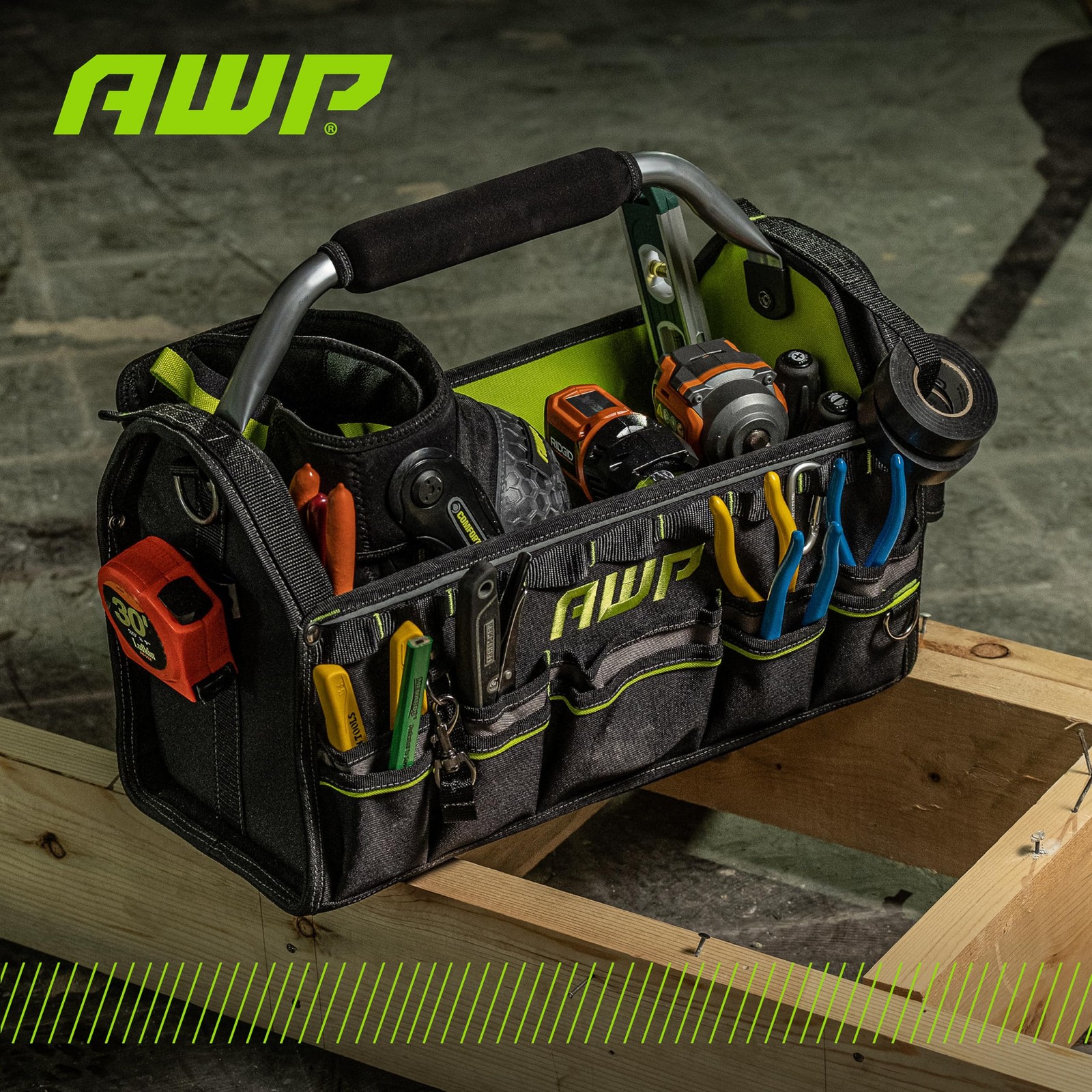 AWP Tool Tote Bag, 18″ Durable Water-Resistant 18 Inch, Black/Green