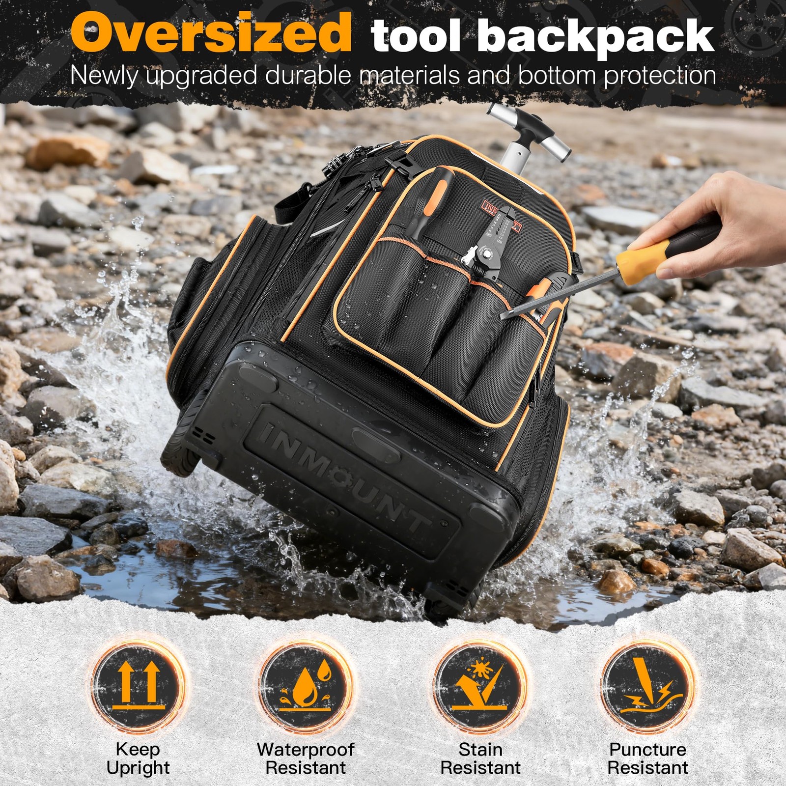 Large Tool Backpack Bag with Wheels, Combination Lock, USB Port, Molded Base