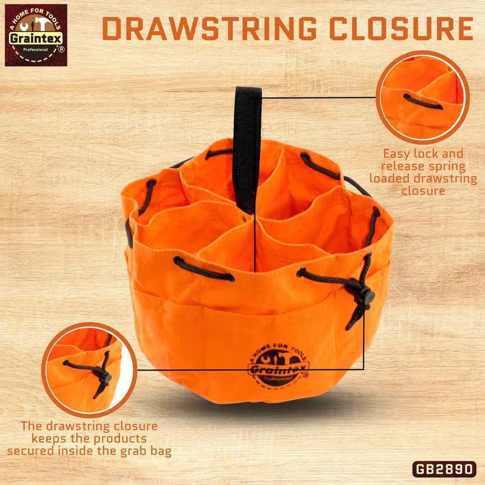 10 In. 6-Pocket Grab Tool Bag with Drawstring Closure in Orange Canvas