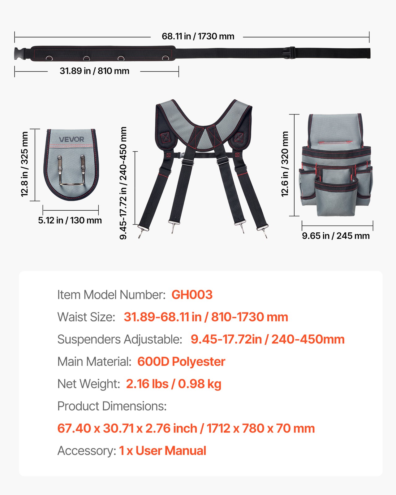 VEVOR Tool Belt Electricians Work Belt with Suspenders 22 Pocket Tool Pouch Bag