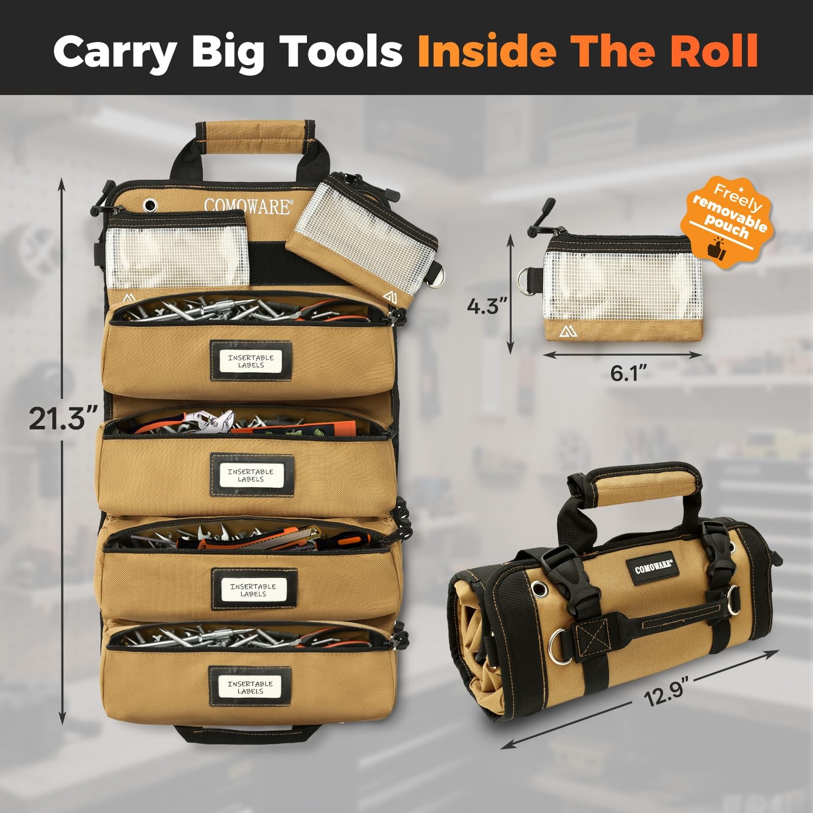 Roll Up Tool Bag, 600D Oxford PVC Coated Tool Organizer with 11 Pouches, 5 Ex…