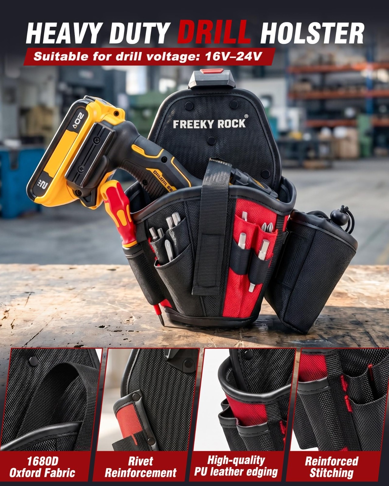Heavy-Duty Drill Holster Tool Pouch with Belt Clip, 1680D Durable Adjustable Str