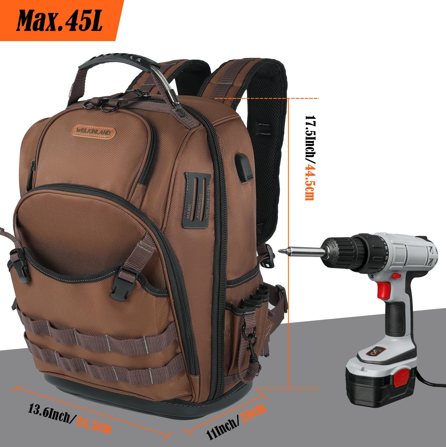 WELKINLAND-70Pockets HVAC Backpack, Heavy-Duty Electrician Tool Brown & Black