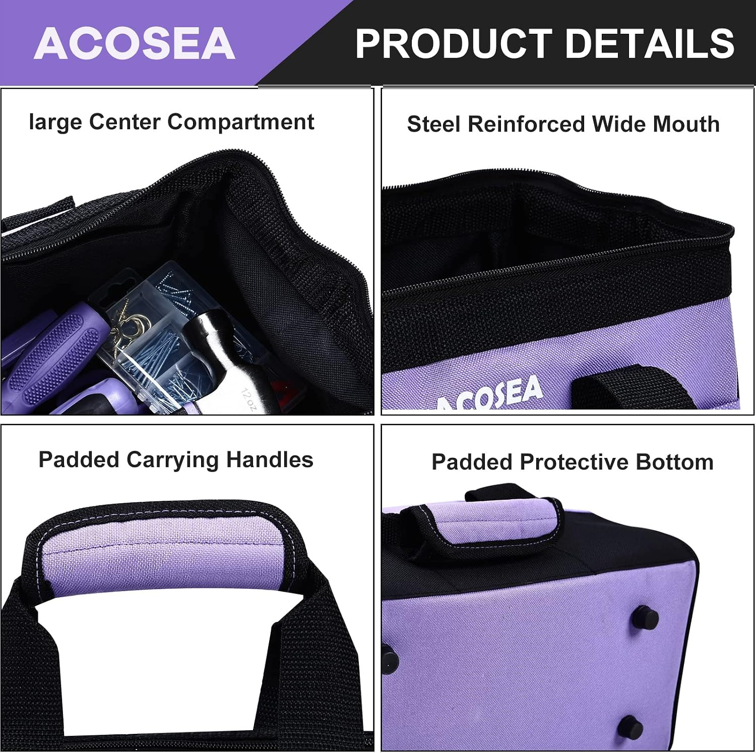13 Inch Purple Tool Bag | Wide Mouth Open Tool Organizer with 12 Storage Pockets