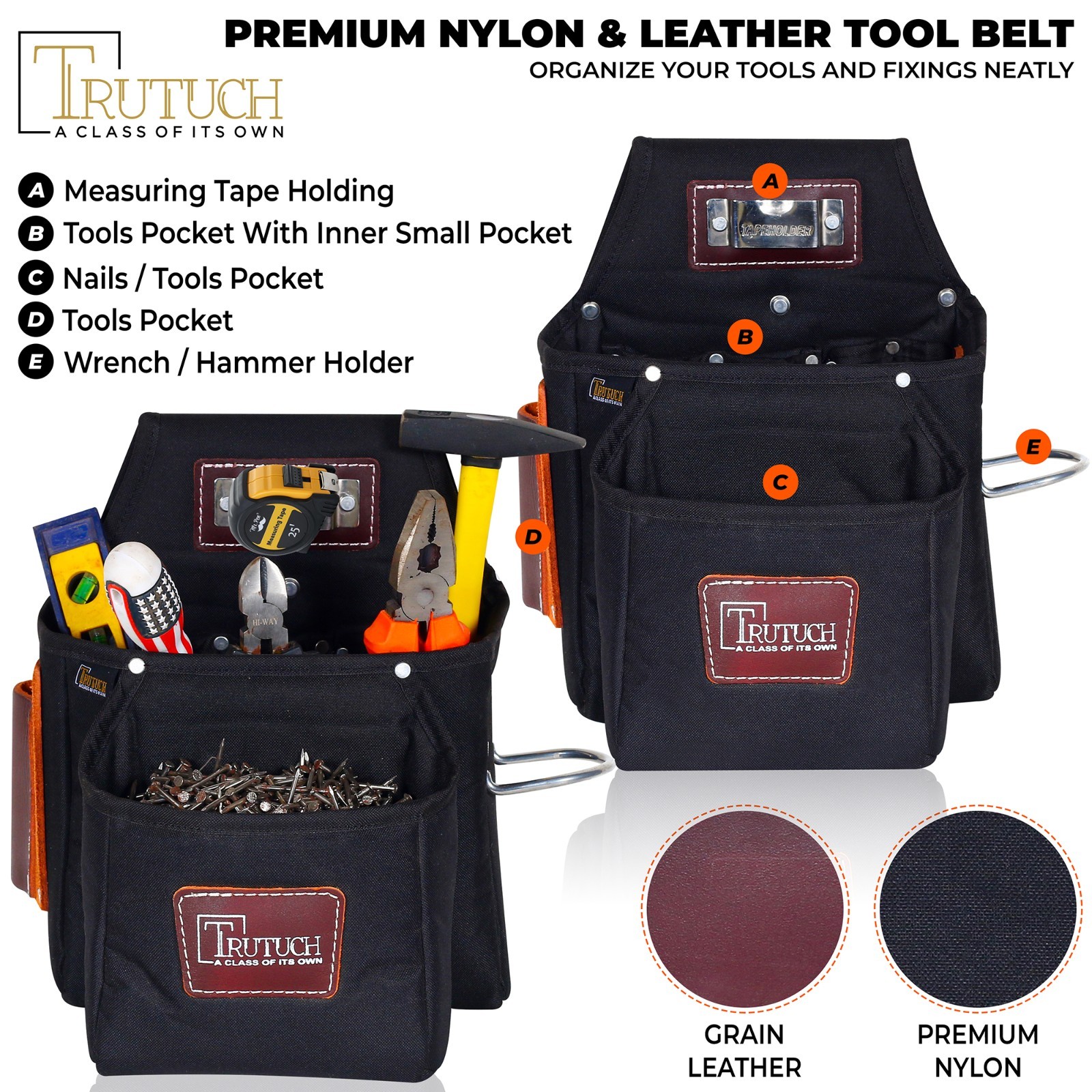TRUTUCH Black Nylon and Leather Tool Belt | Framing Tool Bags | Nylon Tool Pouch