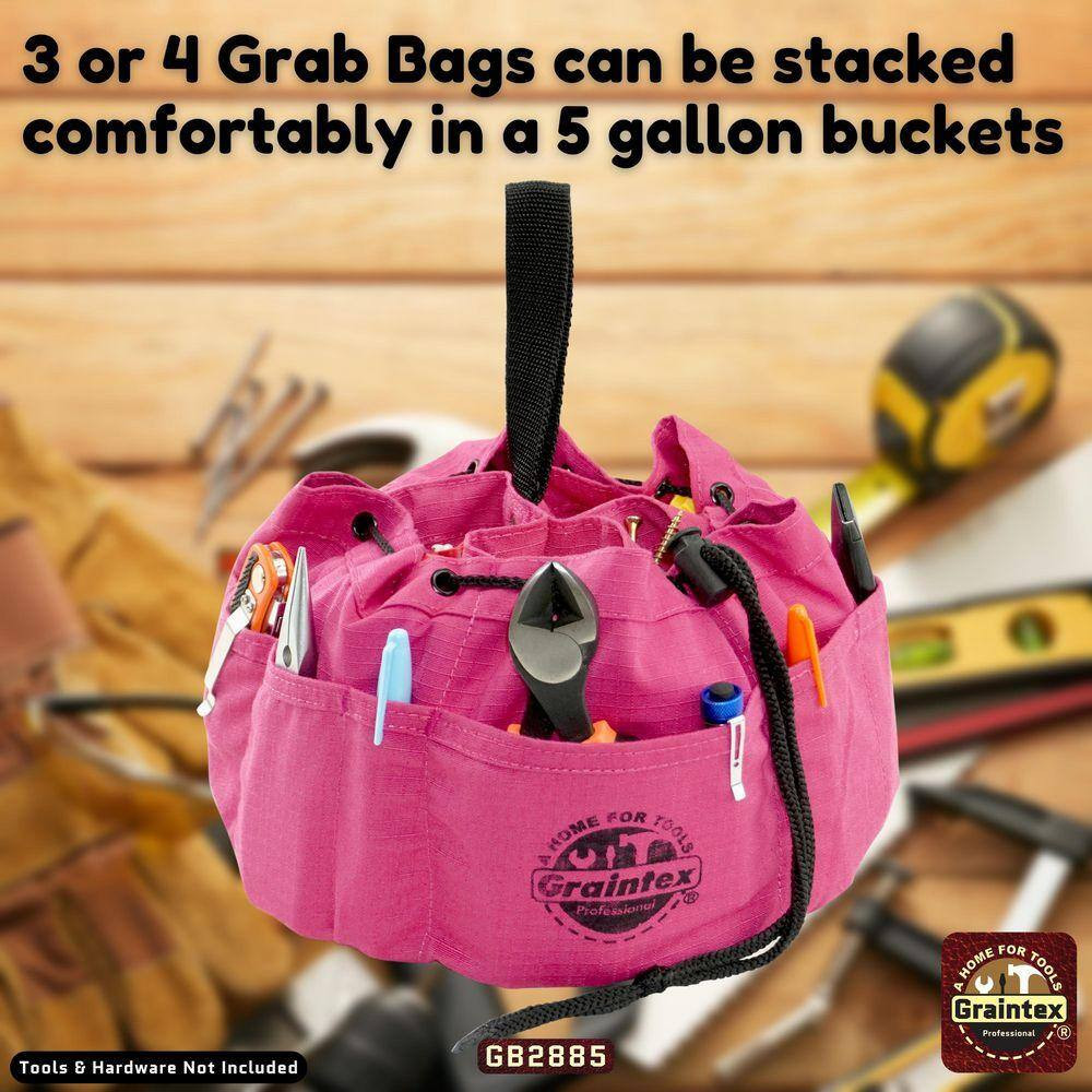 10 In. 18-Pocket Grab Tool Bag with Drawstring Closure in Pink Canvas