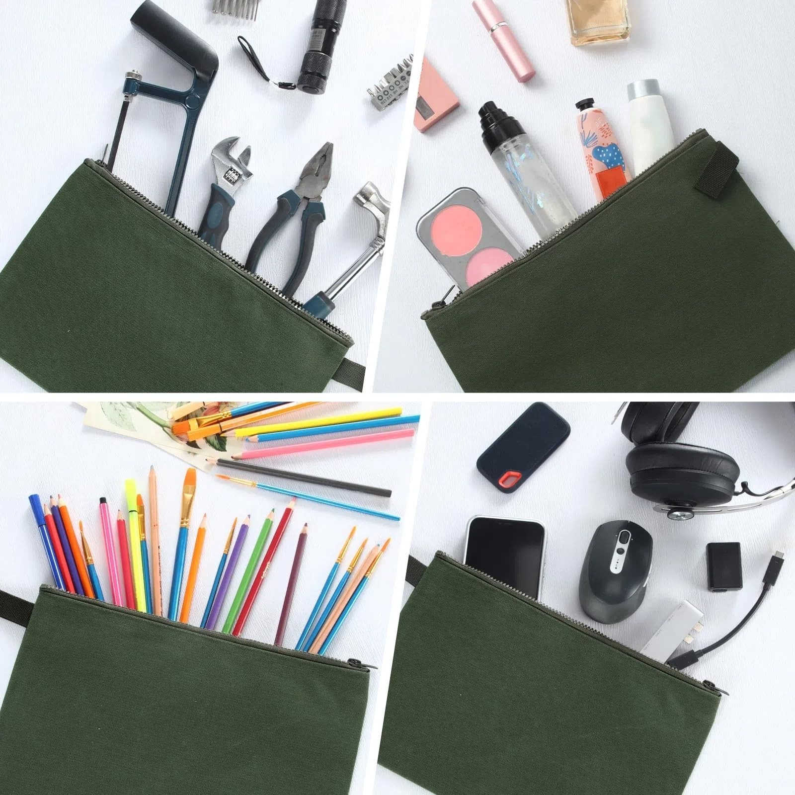 Eccliy 12 Pcs Canvas Tool Bag Pouch Zipper 16 oz Heavy Duty Army Green