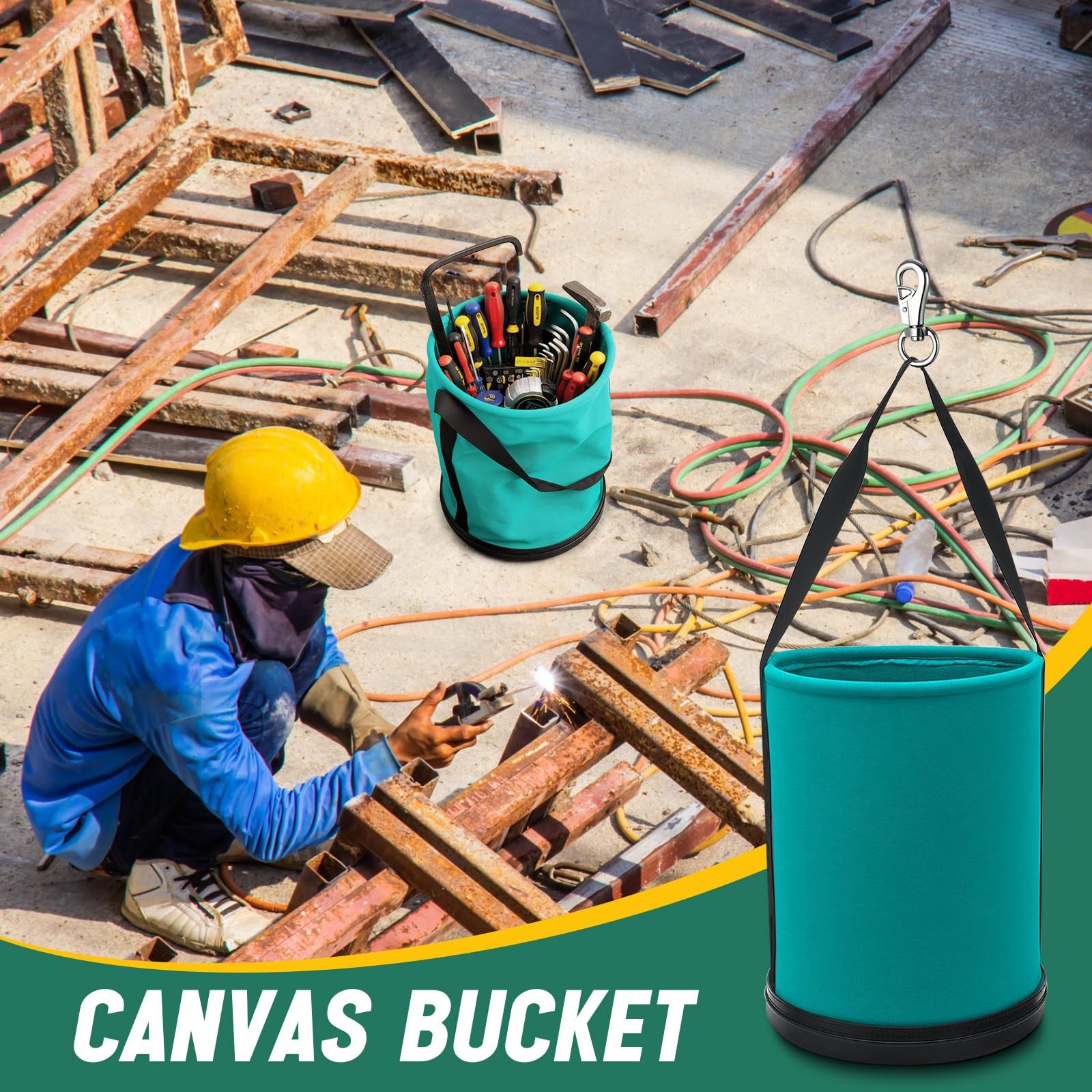 2 Pack Canvas Bucket 15″ x 12″ Heavy Duty Lineman Tool Bag with Plastic Botto…