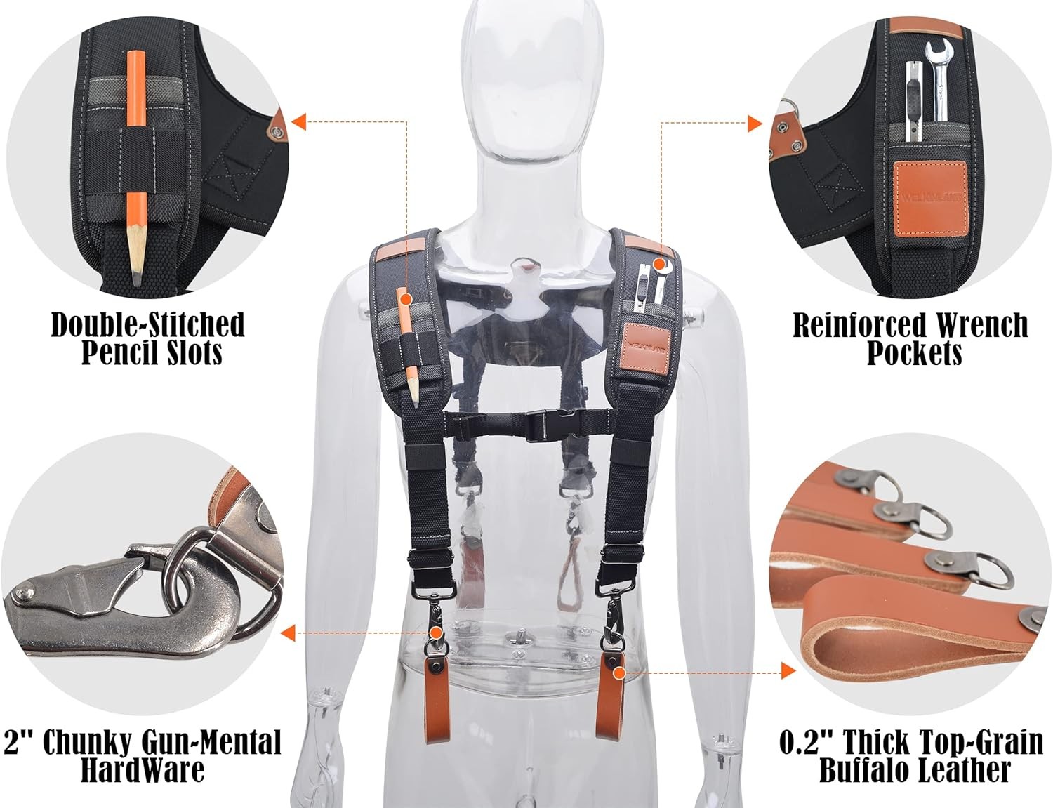 WELKINLAND Heavy-Duty leather tool belt suspenders, Carpenter tool bag suspender