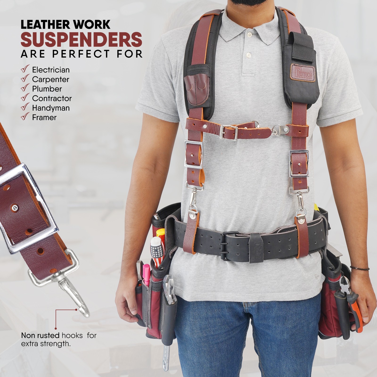 TRUTUCH Nylon and Leather Tool Belt with Leather Work Suspender | Construction