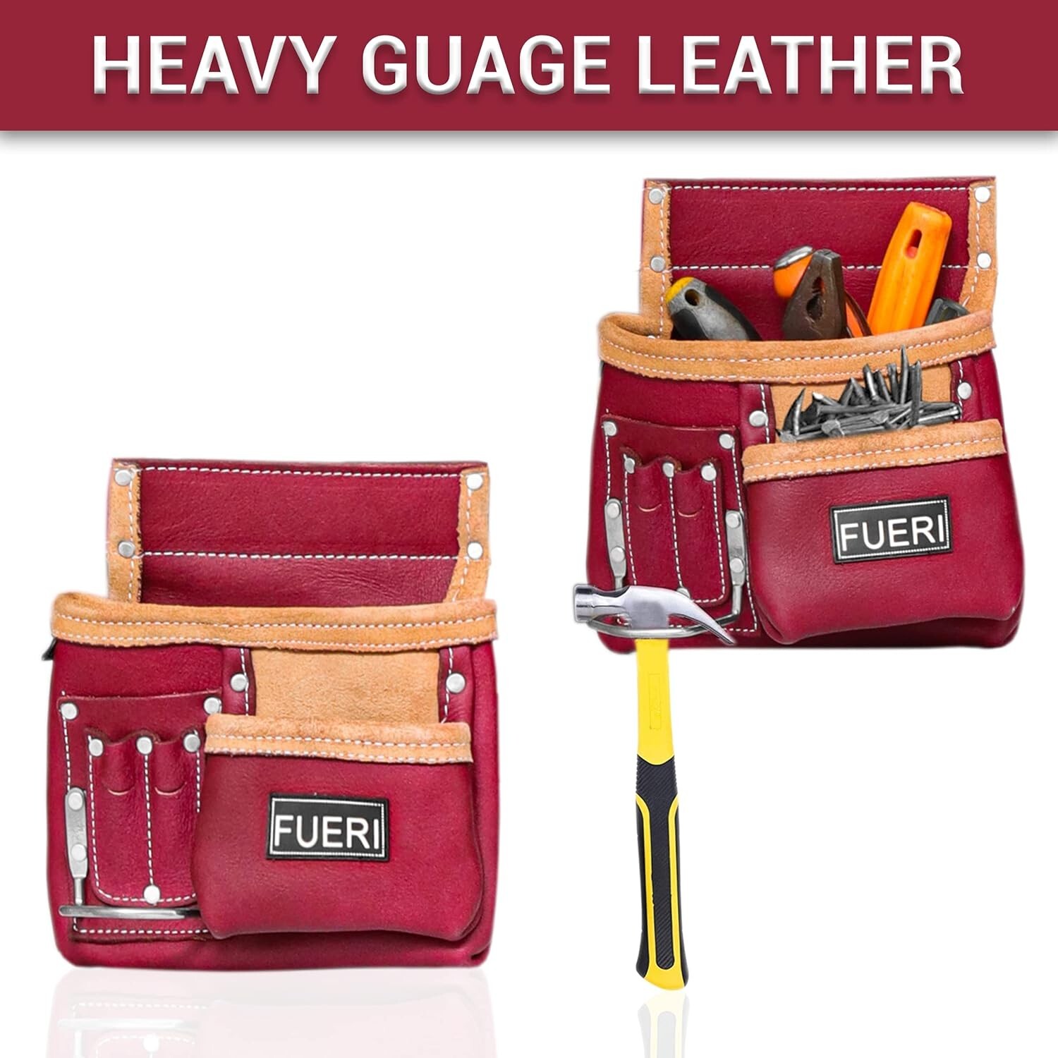Construction Tool Belt, 11 Pockets Leather Tool Pouches Carpenters Work Belt