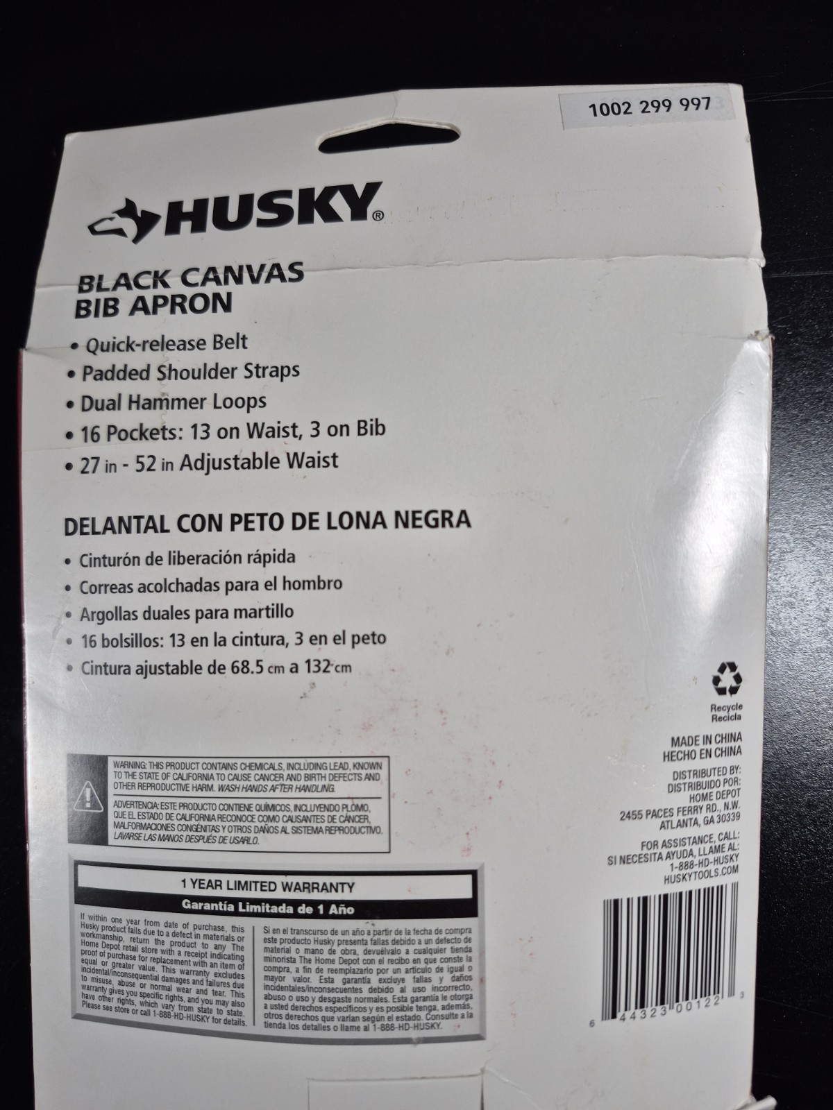 Husky 16 Pocket Black Canvas Bib Apron Padded Shoulder Straps Dual Hammer Loops